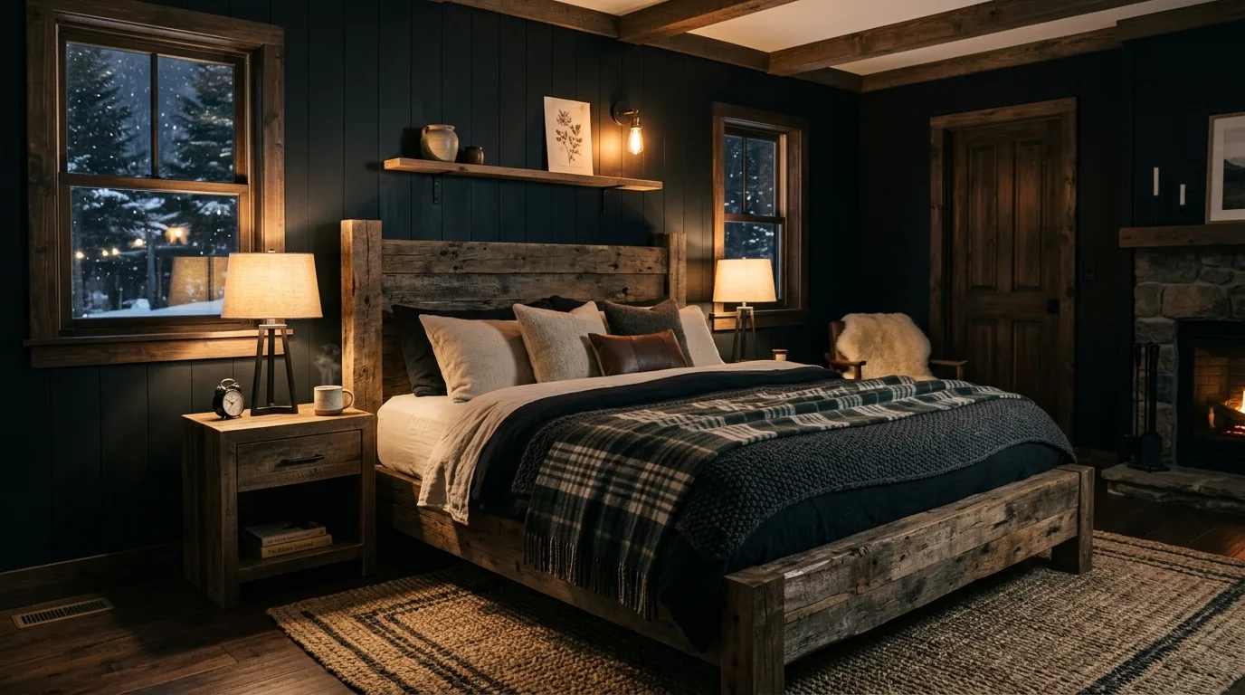Textured black walls with soft bedding in a cozy moody bedroom.