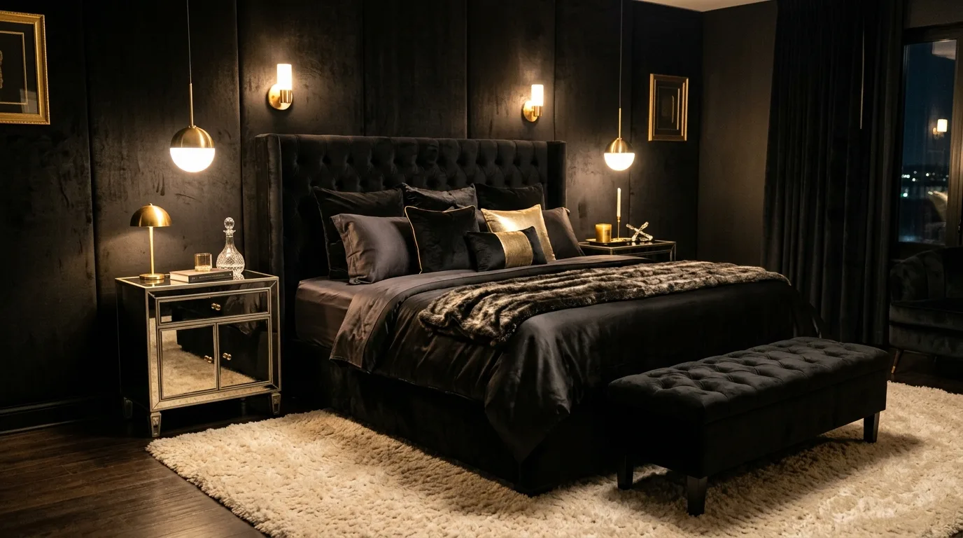Black canopy bed creating intimate warmth in a dark bedroom.