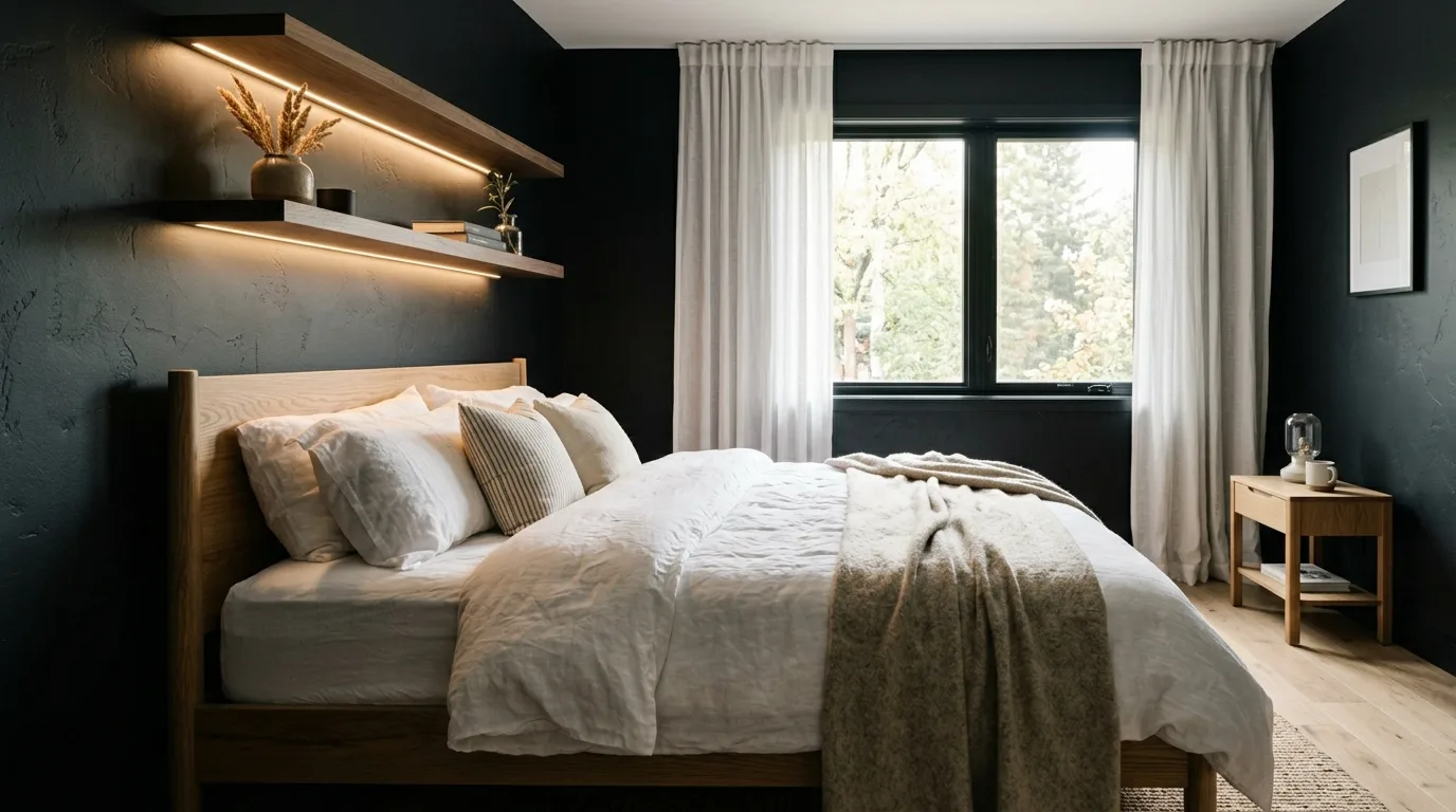 Black and charcoal layered together for softer darkness in a cozy bedroom.