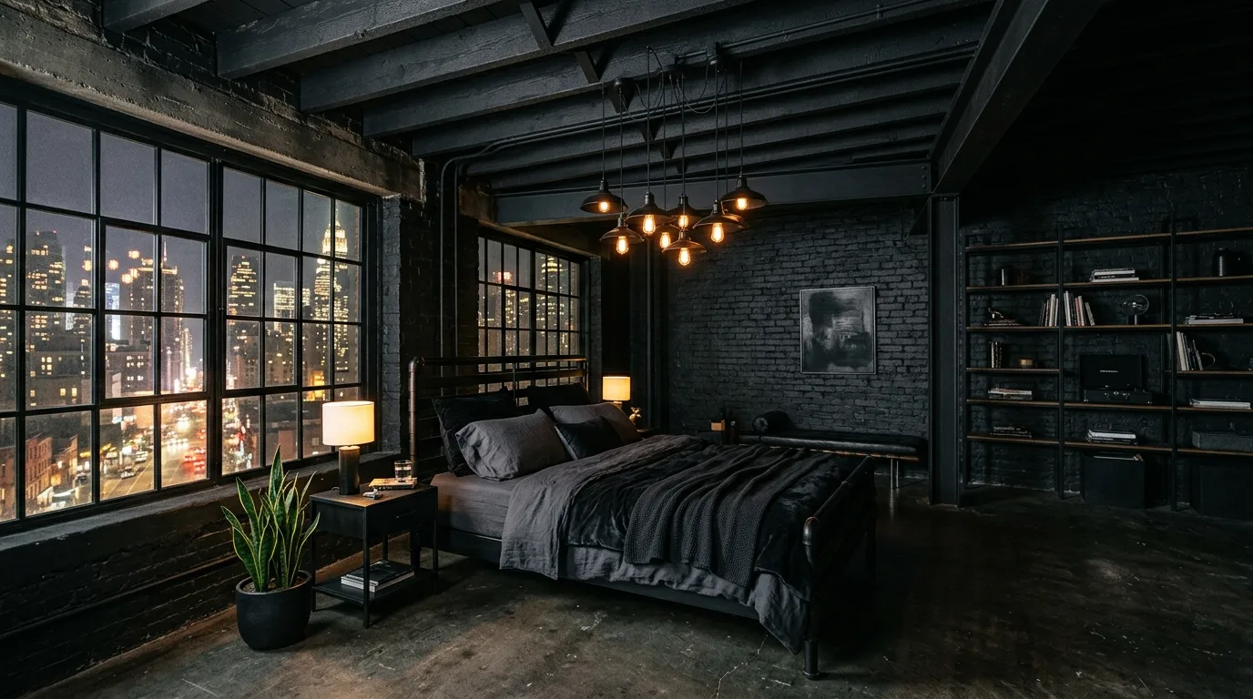 Warm metallic notes in an all-black room with rich cozy style.