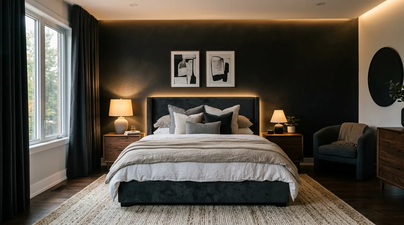 Dark bedroom that still feels gentle through texture and warm soft lighting.