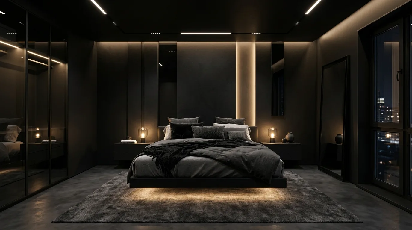 All-black bedroom that feels cozy calm and intentional with layered warmth.