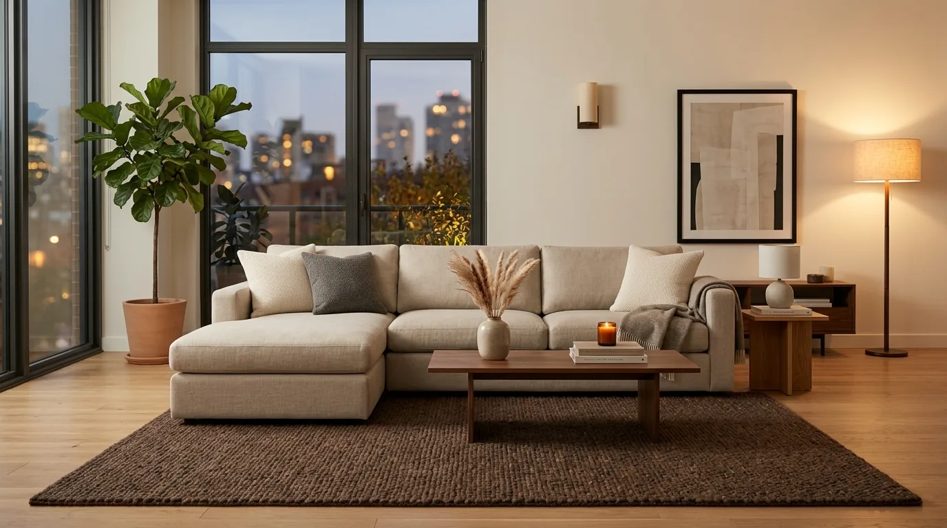 start with the main anchor piece in a living room inspired by anchoring brown rug grounding.