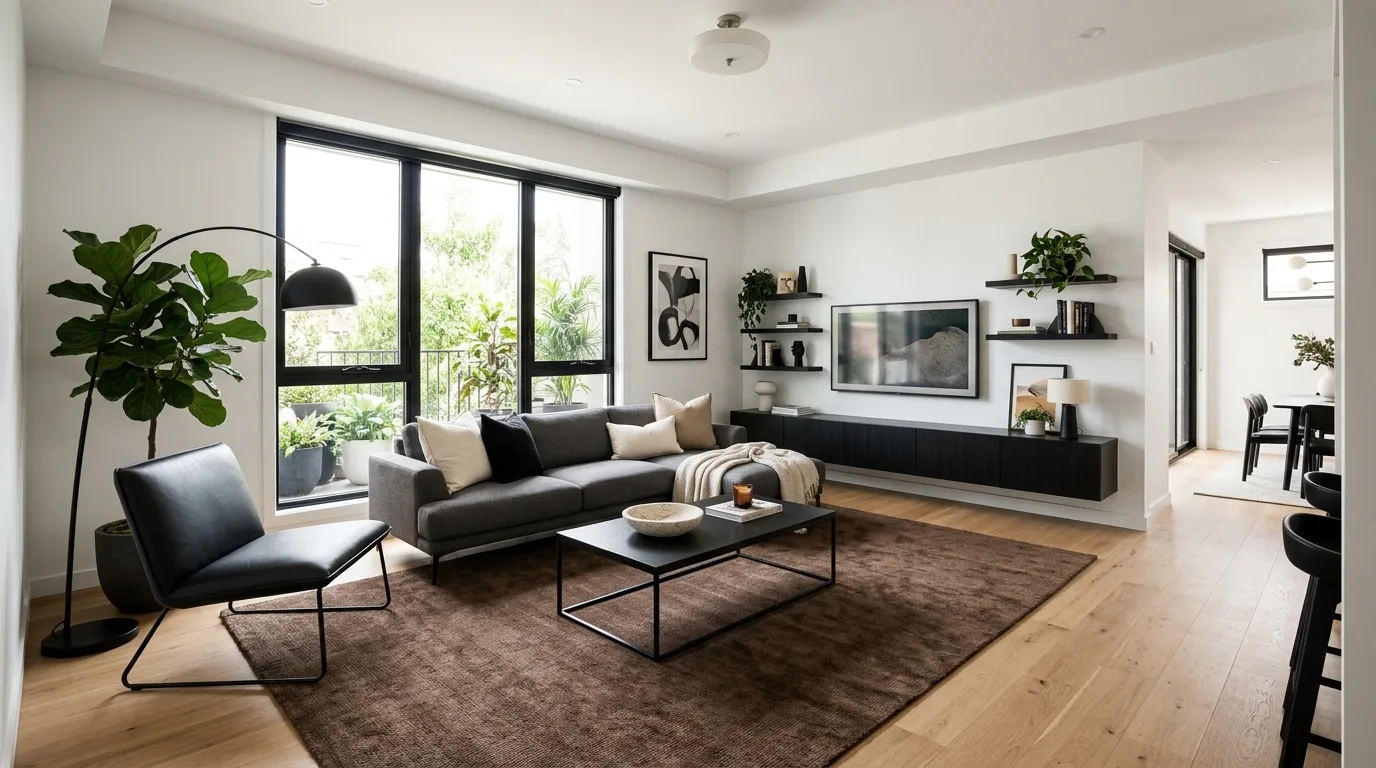 use lighting to warm the room in a living room inspired by anchoring brown rug grounding.