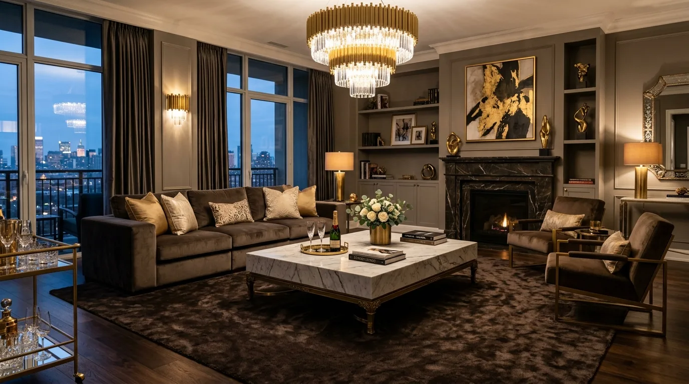 balance contrast with softness in a living room inspired by anchoring brown rug grounding.