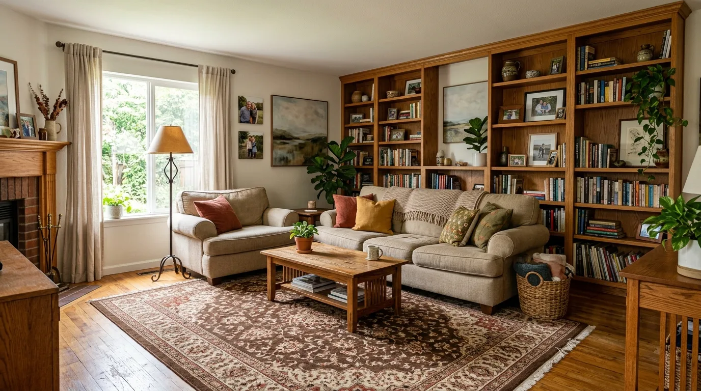 let the room feel relaxed and personal in a living room inspired by anchoring brown rug grounding.