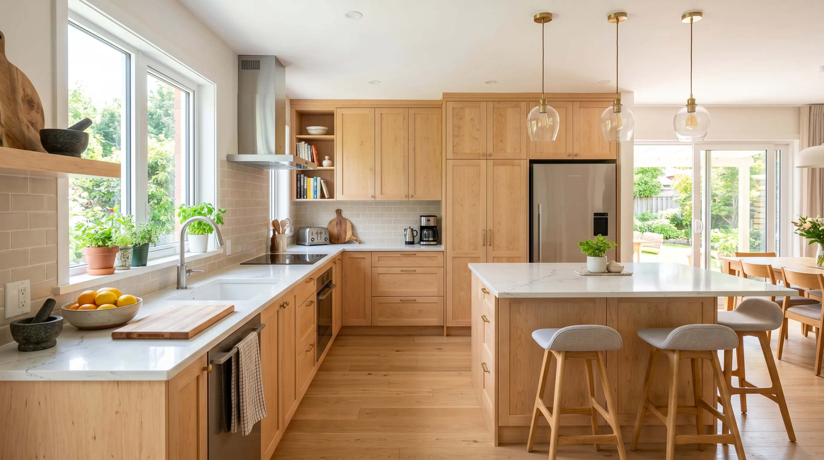 Beautiful maple kitchen cabinets creating a light and airy kitchen look.