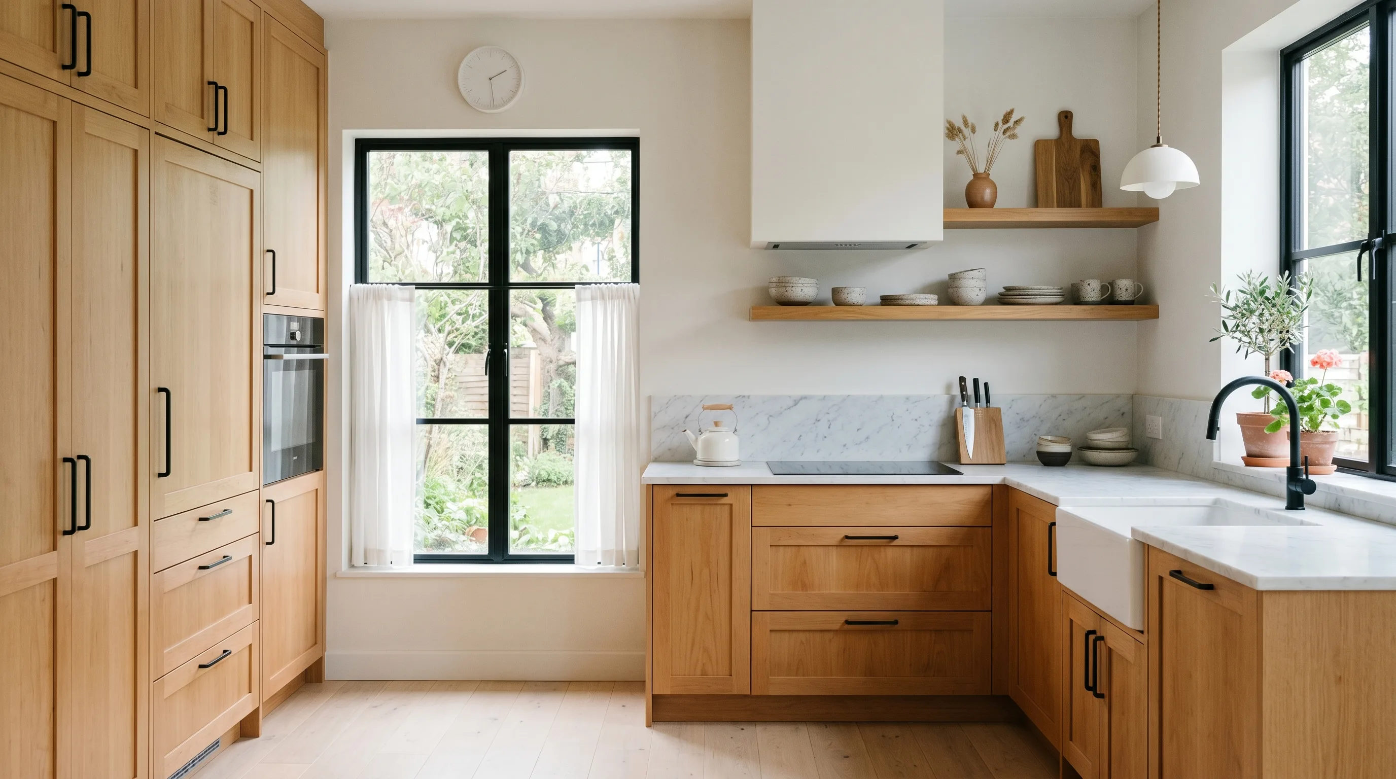 Brushed nickel hardware adding quiet polish to maple kitchen cabinets.