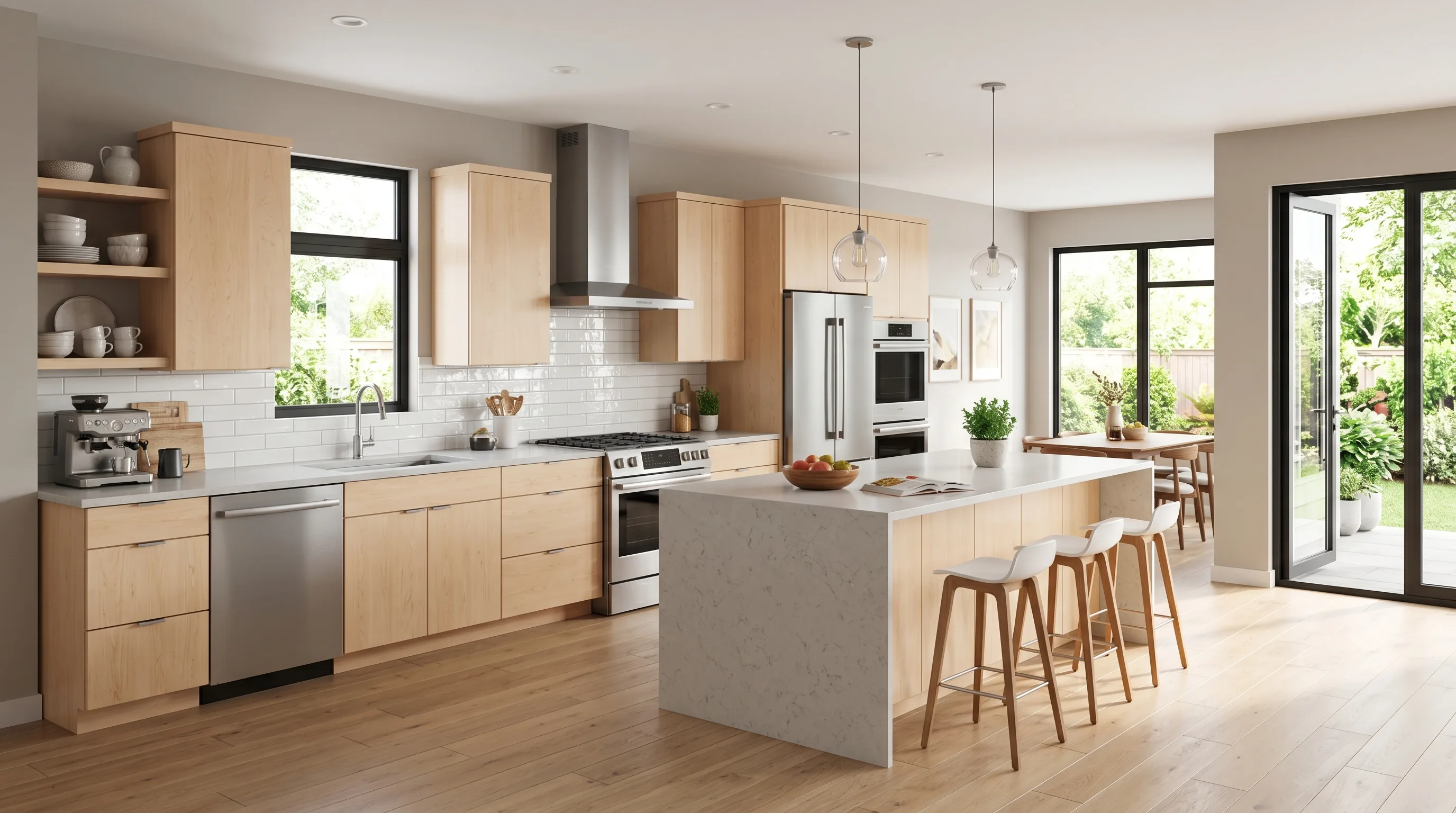 Pale countertops helping maple cabinets feel light and bright.