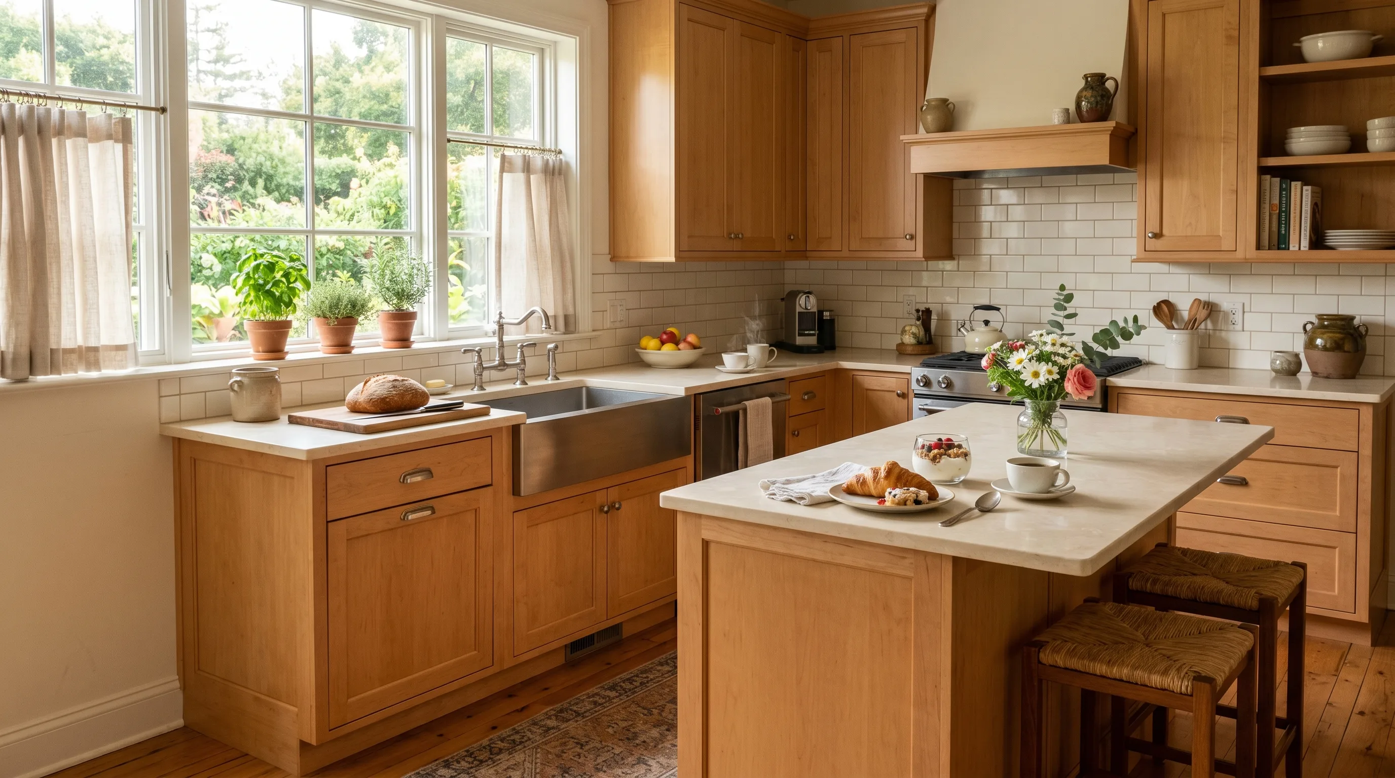 Natural visible grain on maple cabinets in a bright airy kitchen.