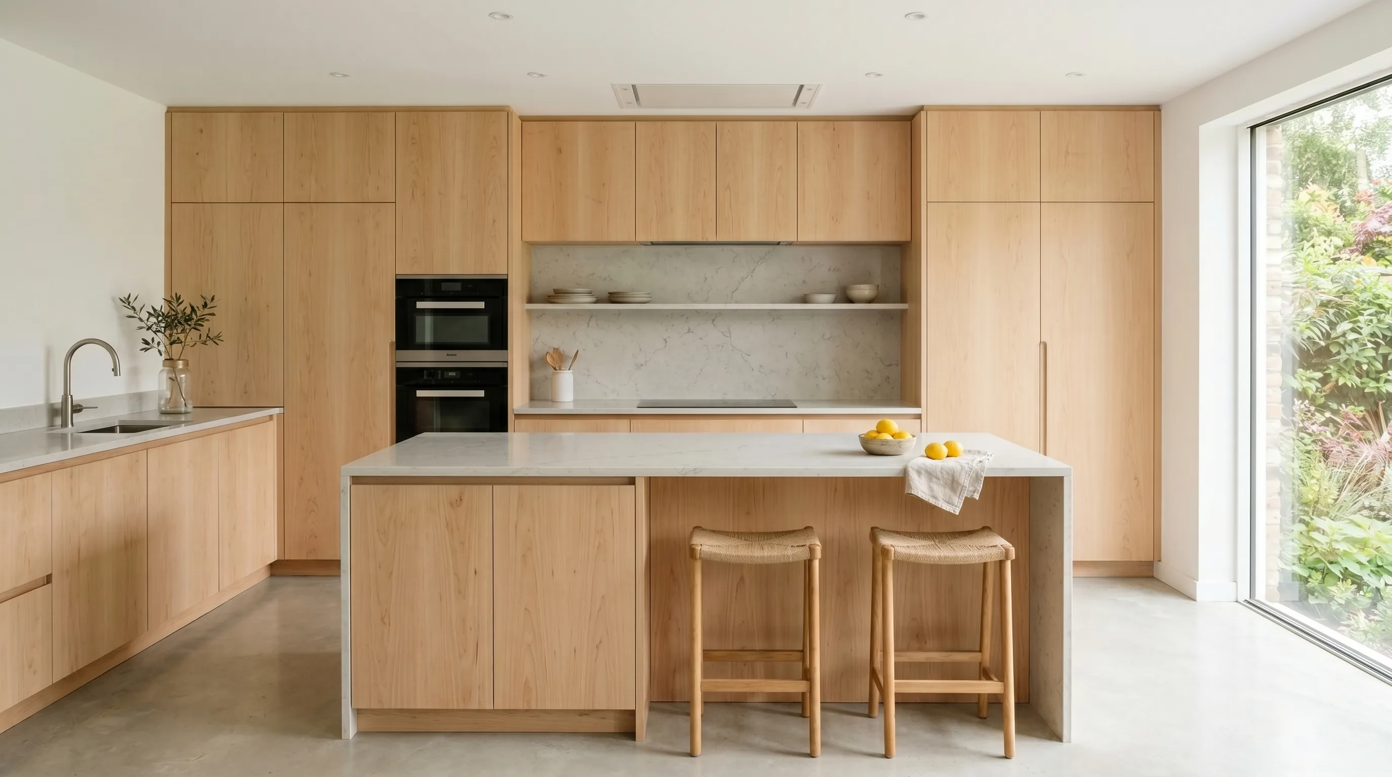 Maple cabinets with creamy tile backsplash in a warm bright kitchen.
