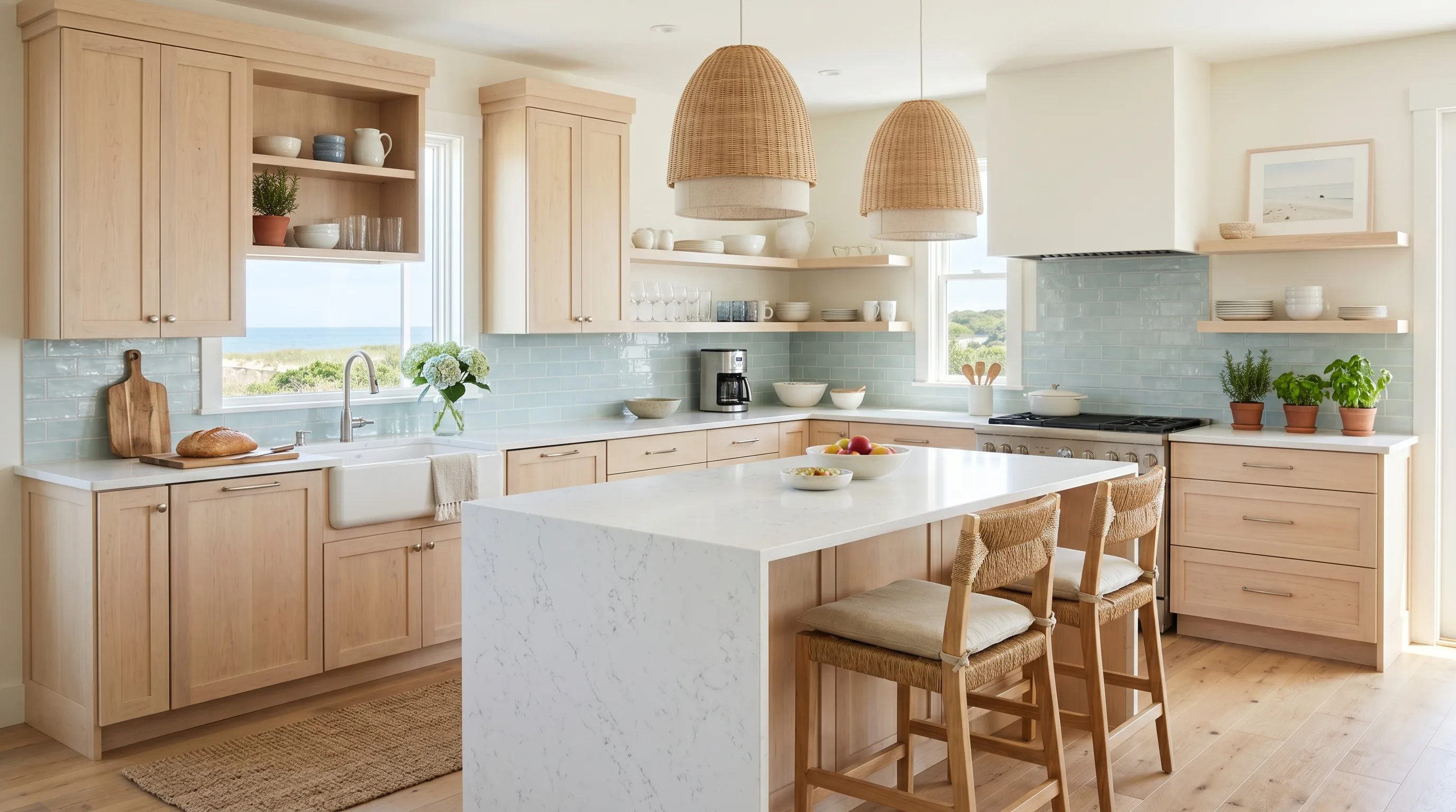 Glass-front maple cabinets adding openness to a bright kitchen.
