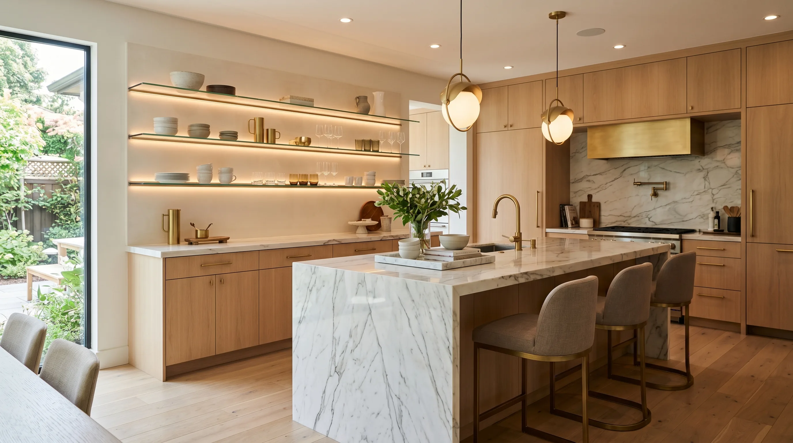 Soft sage notes paired with maple cabinets in a light kitchen.