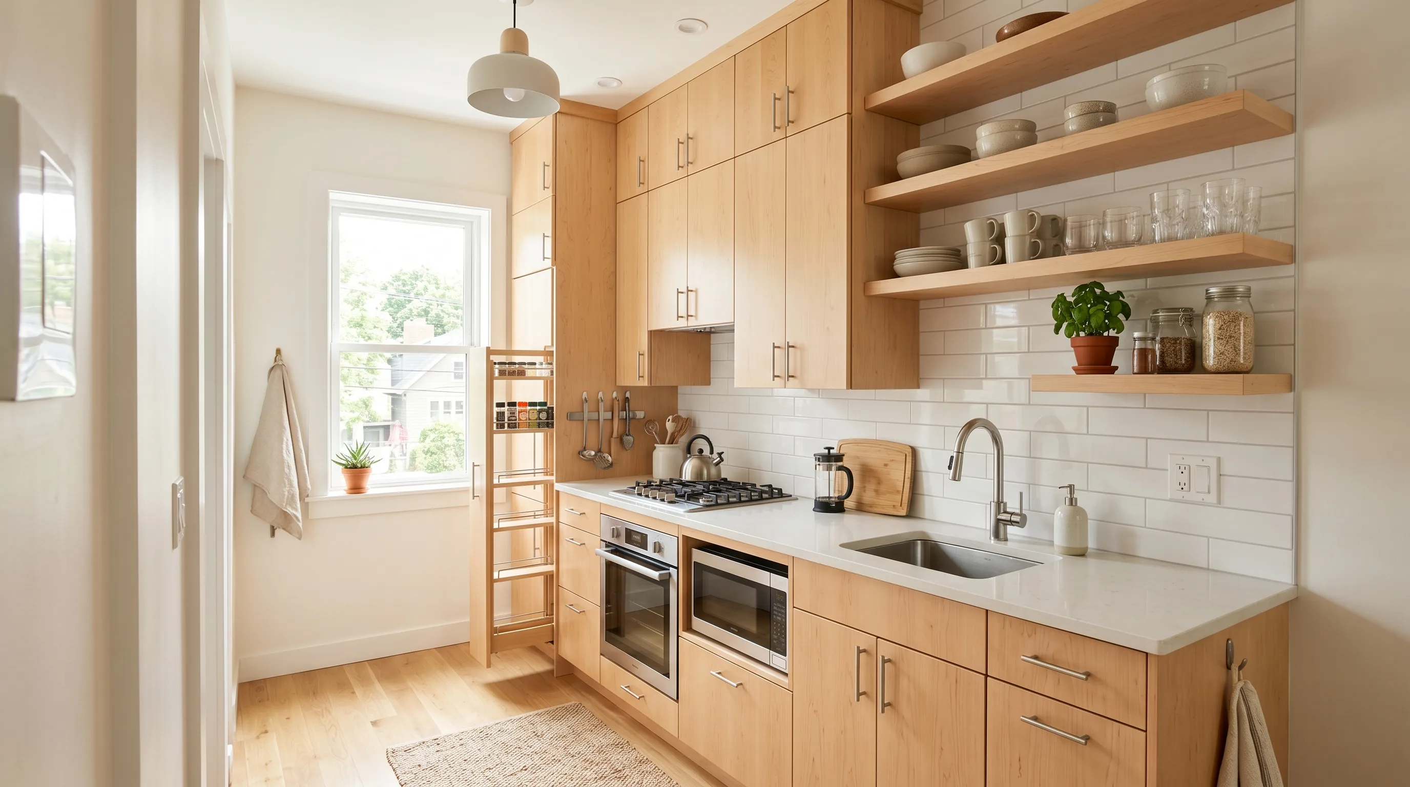 Warm clear lighting highlighting light maple kitchen cabinets.
