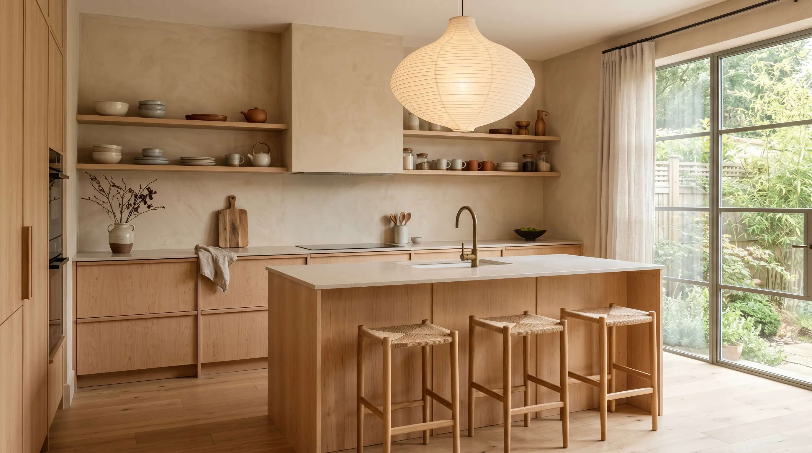 Small black accents giving maple cabinets gentle definition.