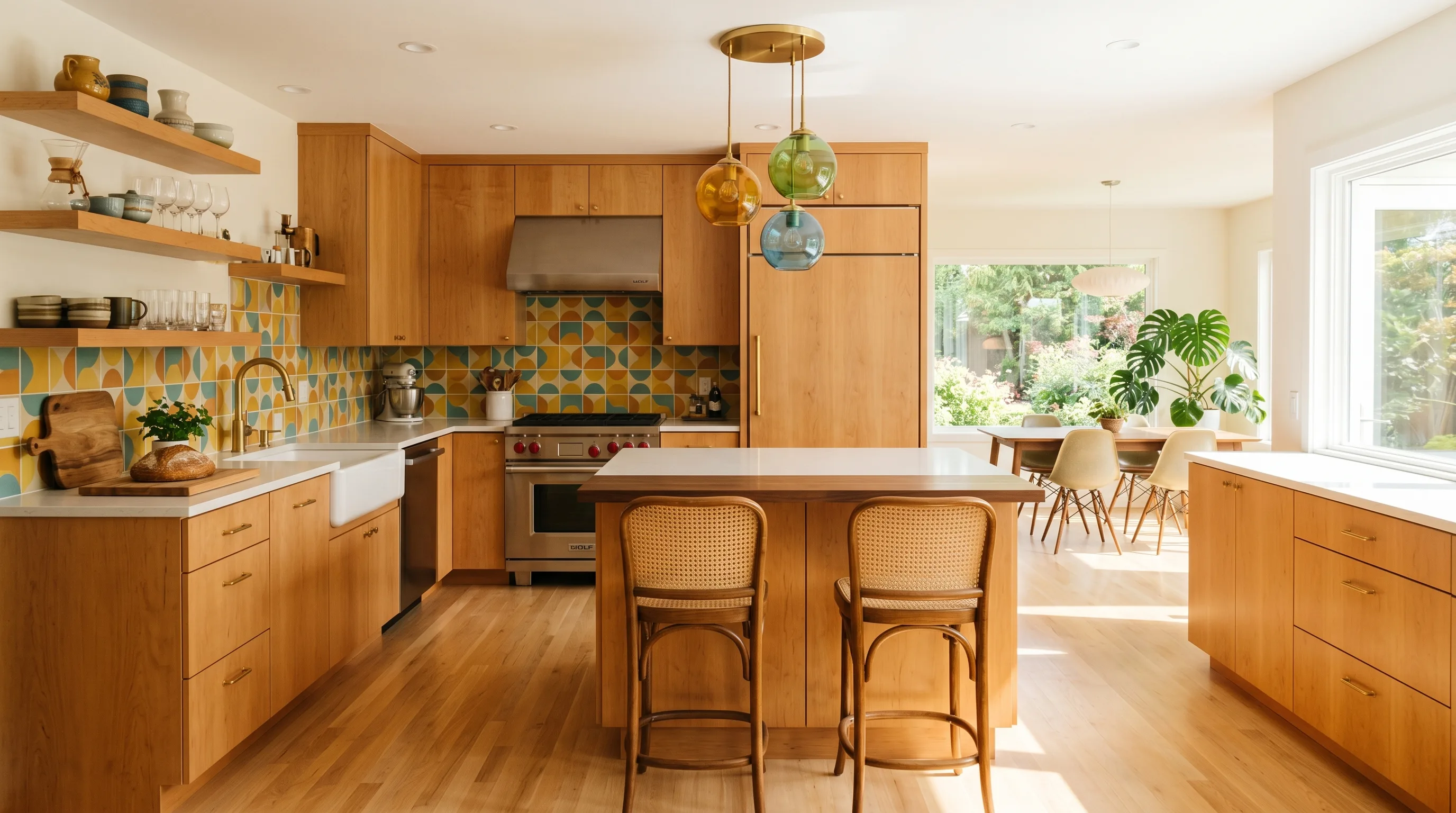 Open shelving helping a maple kitchen keep a light breathing feel.