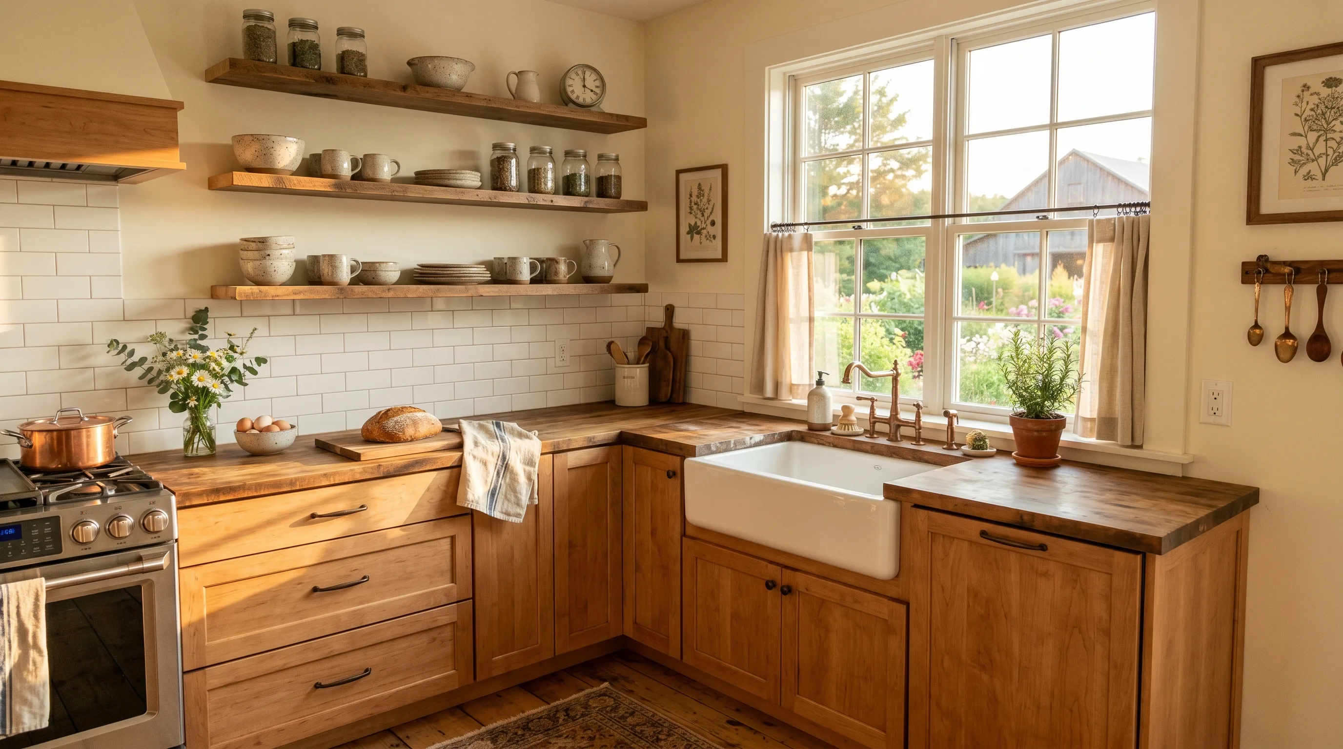 Natural textures and pale decor styling a light maple kitchen.