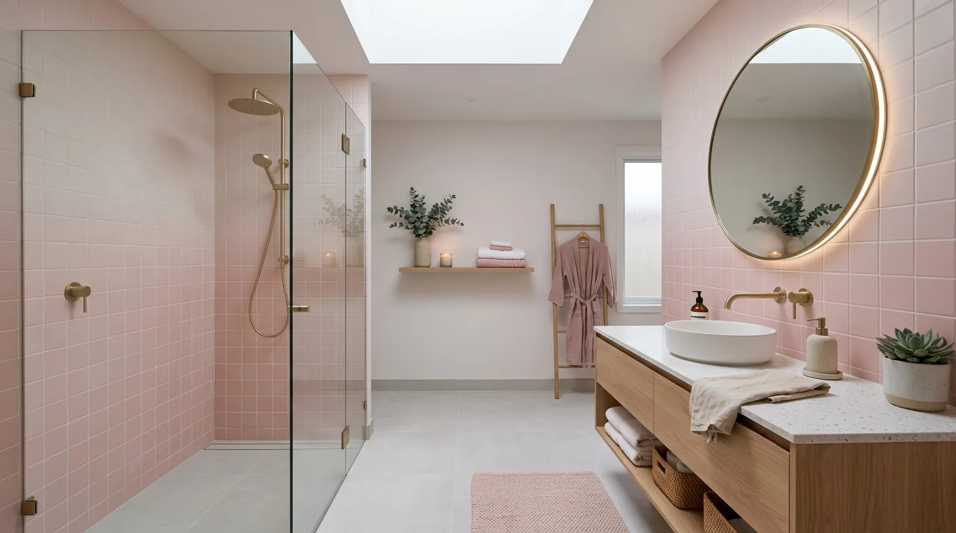 use lighting to bring the space to life in a bathroom inspired by beautiful pink need see.