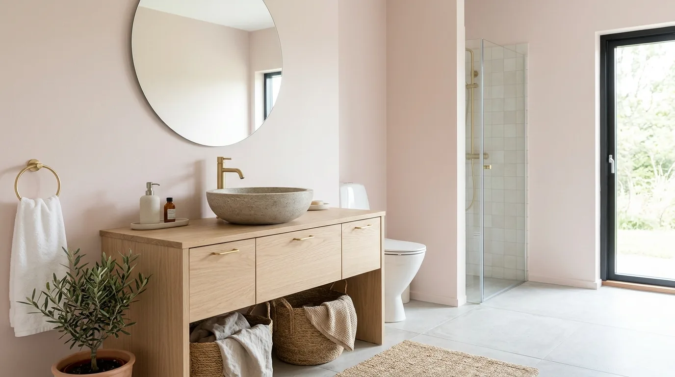 balance boldness with breathing room in a bathroom inspired by beautiful pink need see.