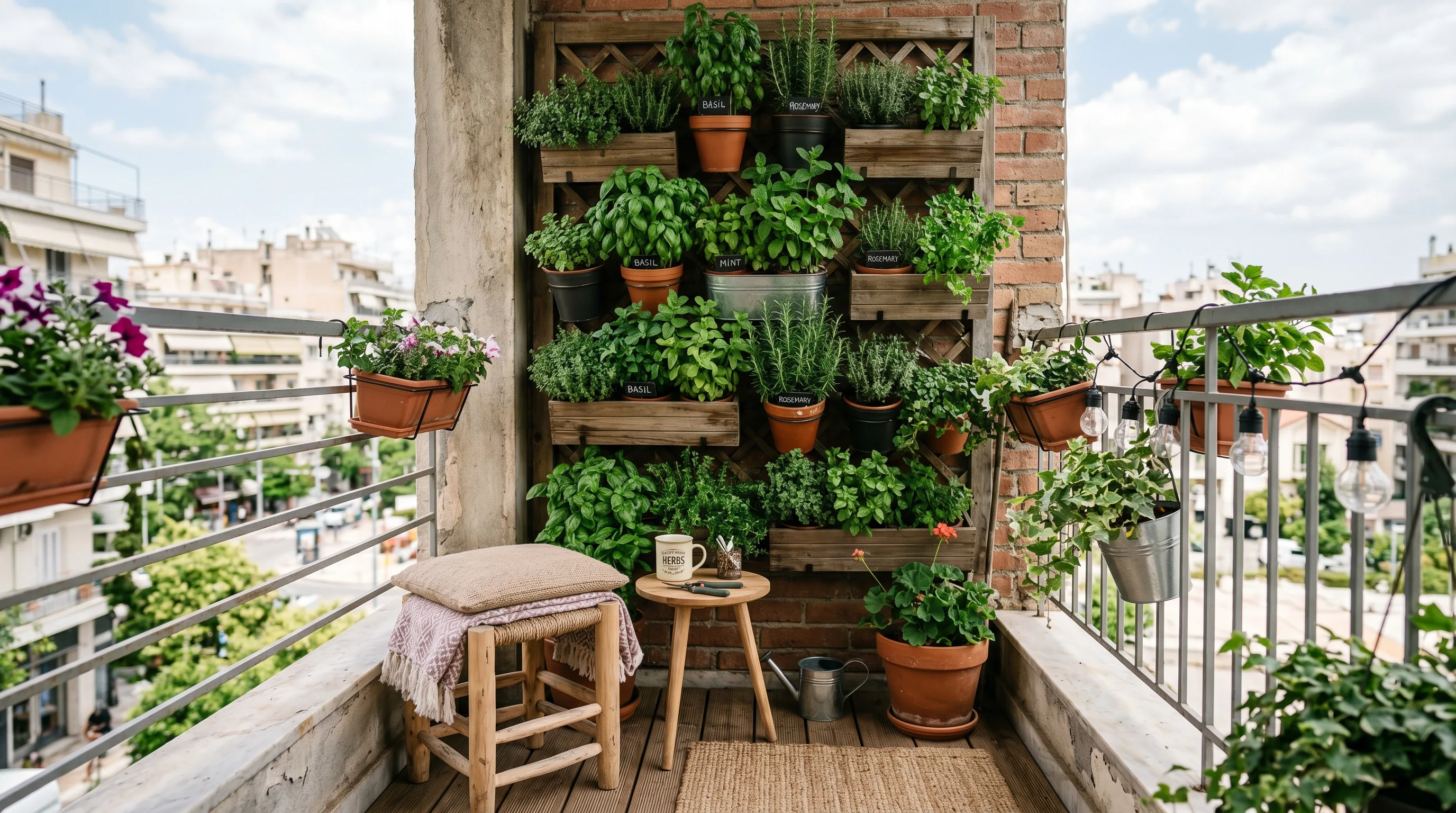 Small balcony filled with well-chosen greenery in a tight compact space.