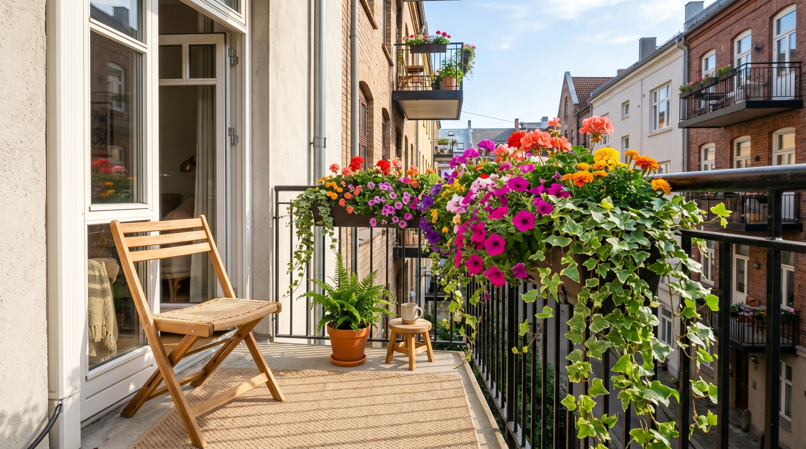 Compact balcony plants with strong shape for a small outdoor space.