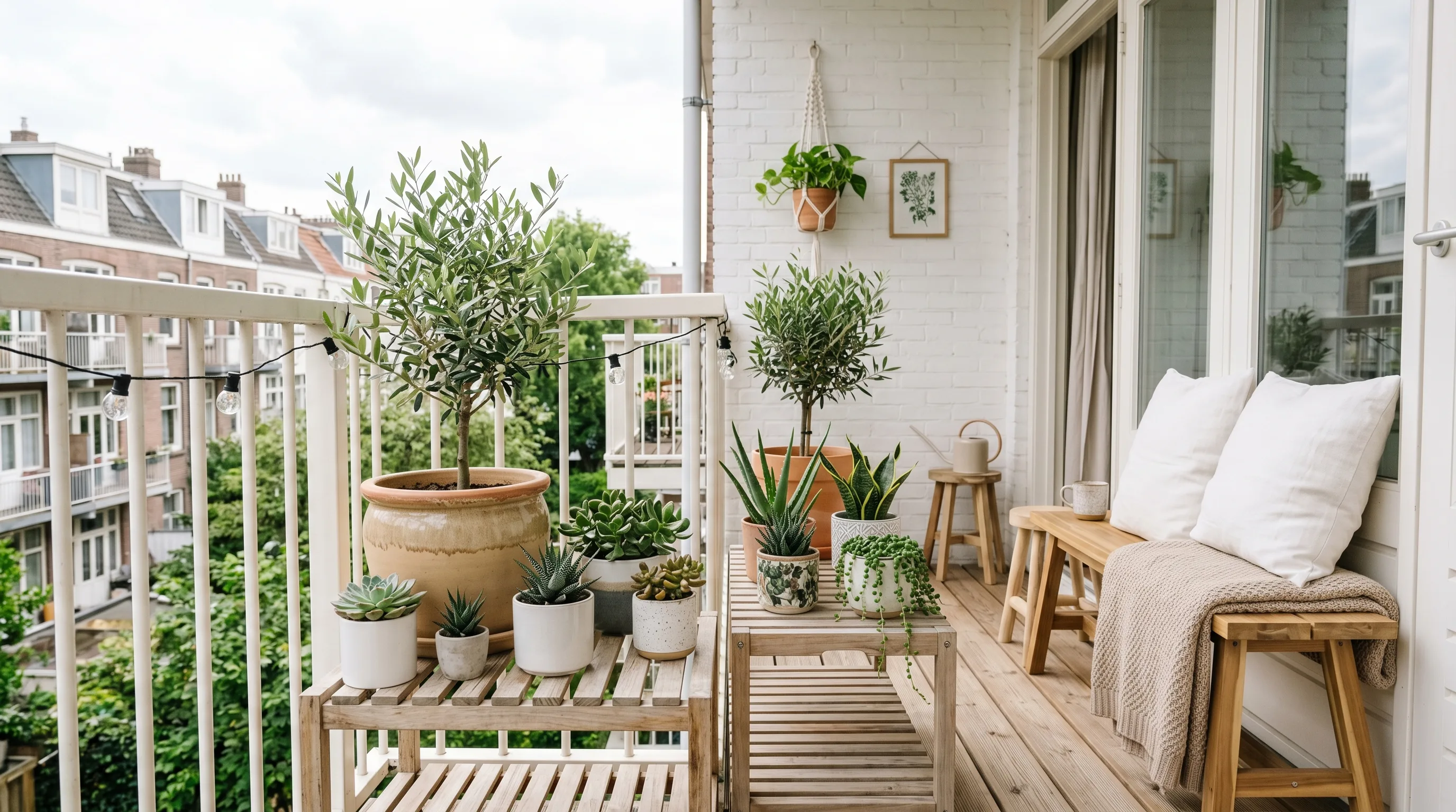 Vertical plant stand maximizing greenery on a small balcony.