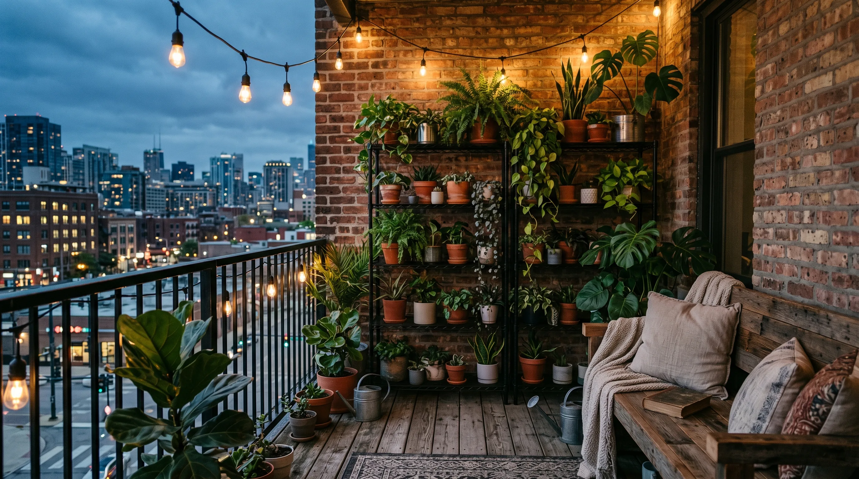 Mixed leaf sizes creating a lush effect on a compact balcony.