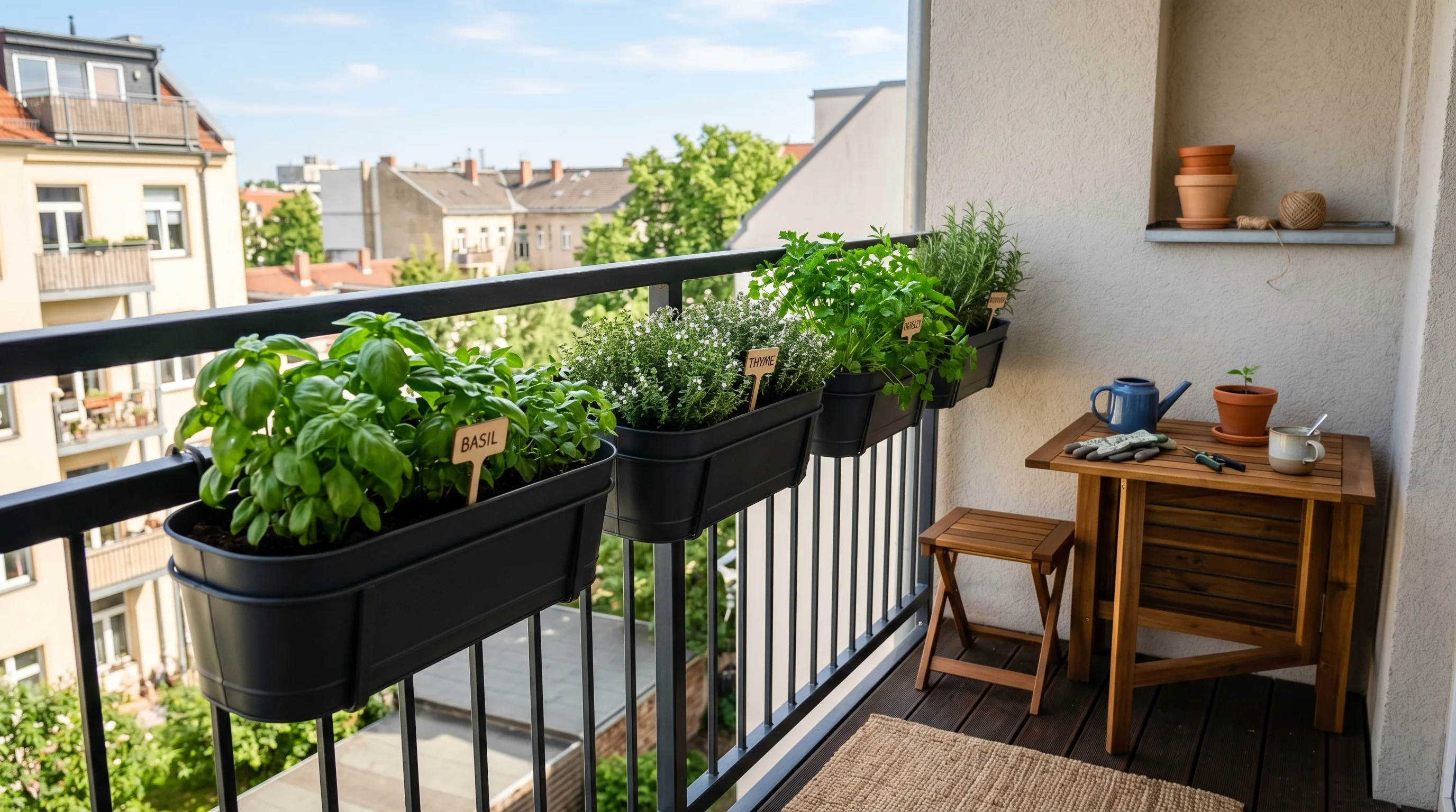 Consistent balcony pots creating calm among small-space greenery.