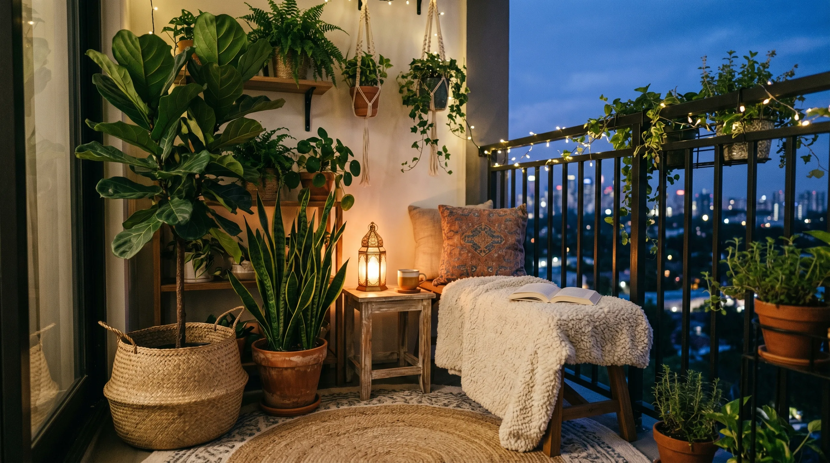 Healthy balcony plants chosen to match available outdoor light.