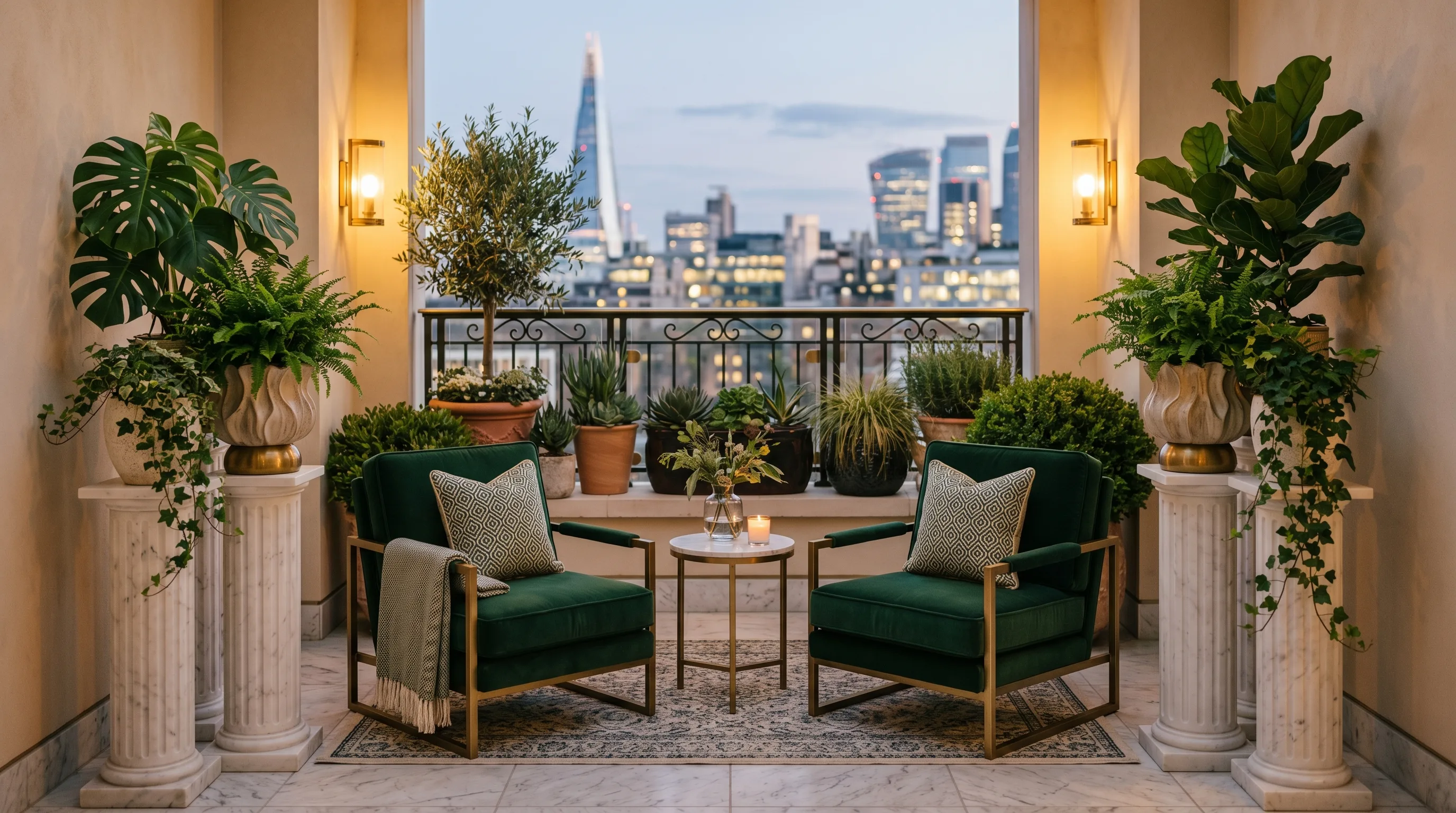 Small balcony plants arranged with breathing room around them.