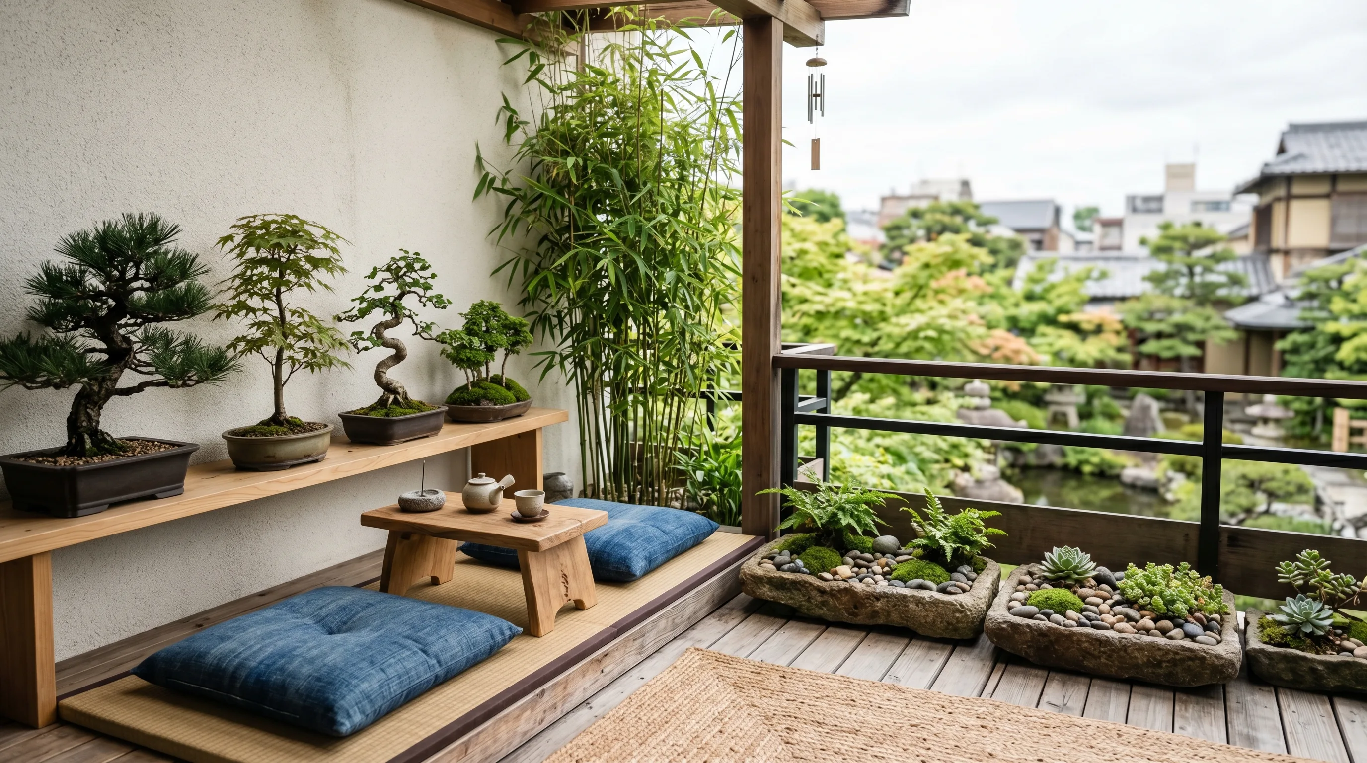 Tiny balcony brought to life by smart compact greenery choices.