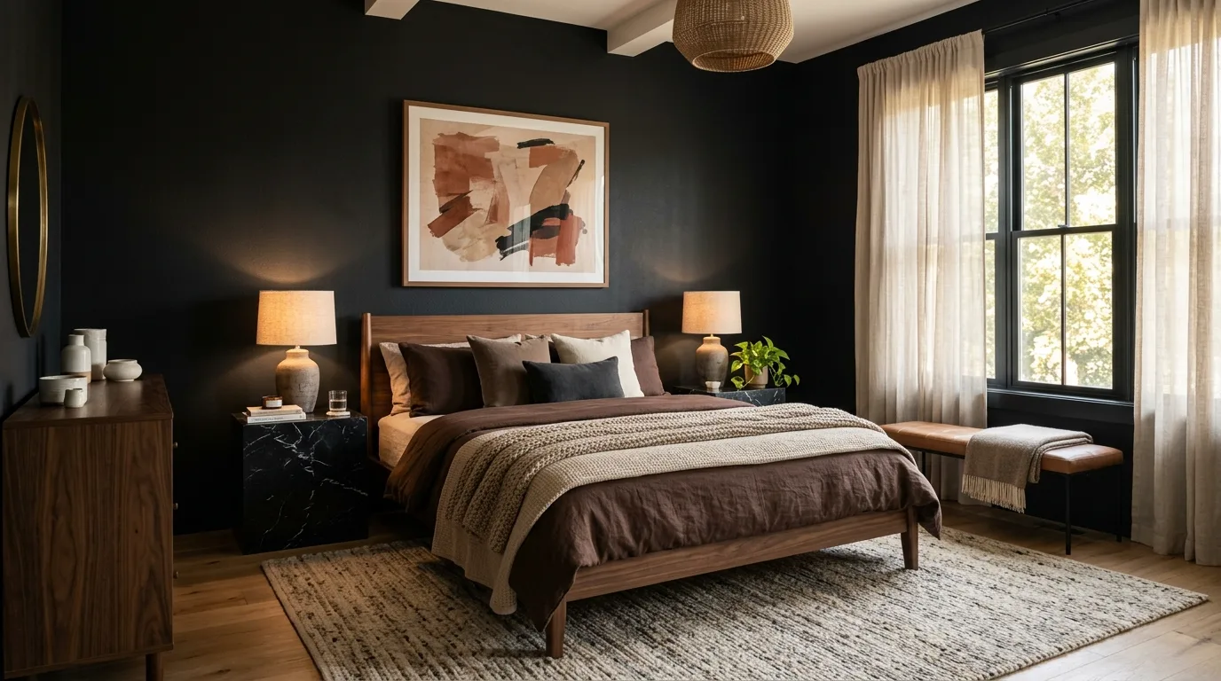 Black and brown bedroom with rich grounded palette and layered warm styling.