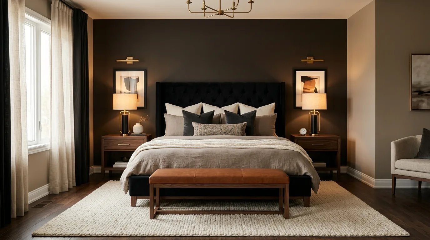 Brown wood furniture in a black room with rich layered warmth.