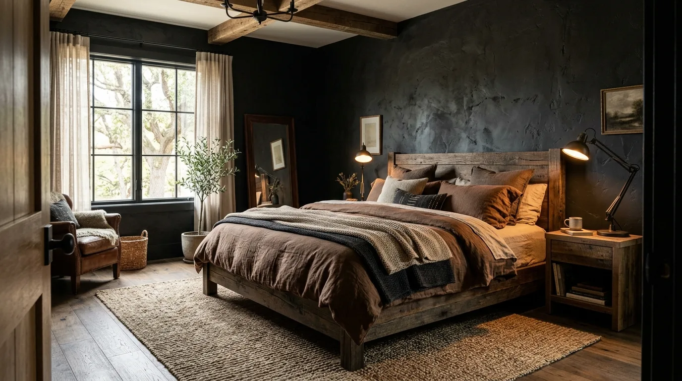 Black and brown bedroom with cream bedding relief and warm balance.