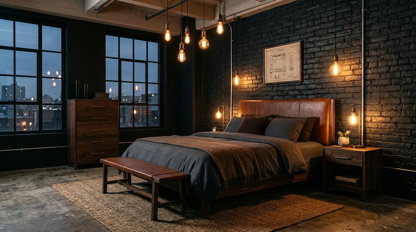 Espresso and black creating deep contrast in a moody grounded bedroom.