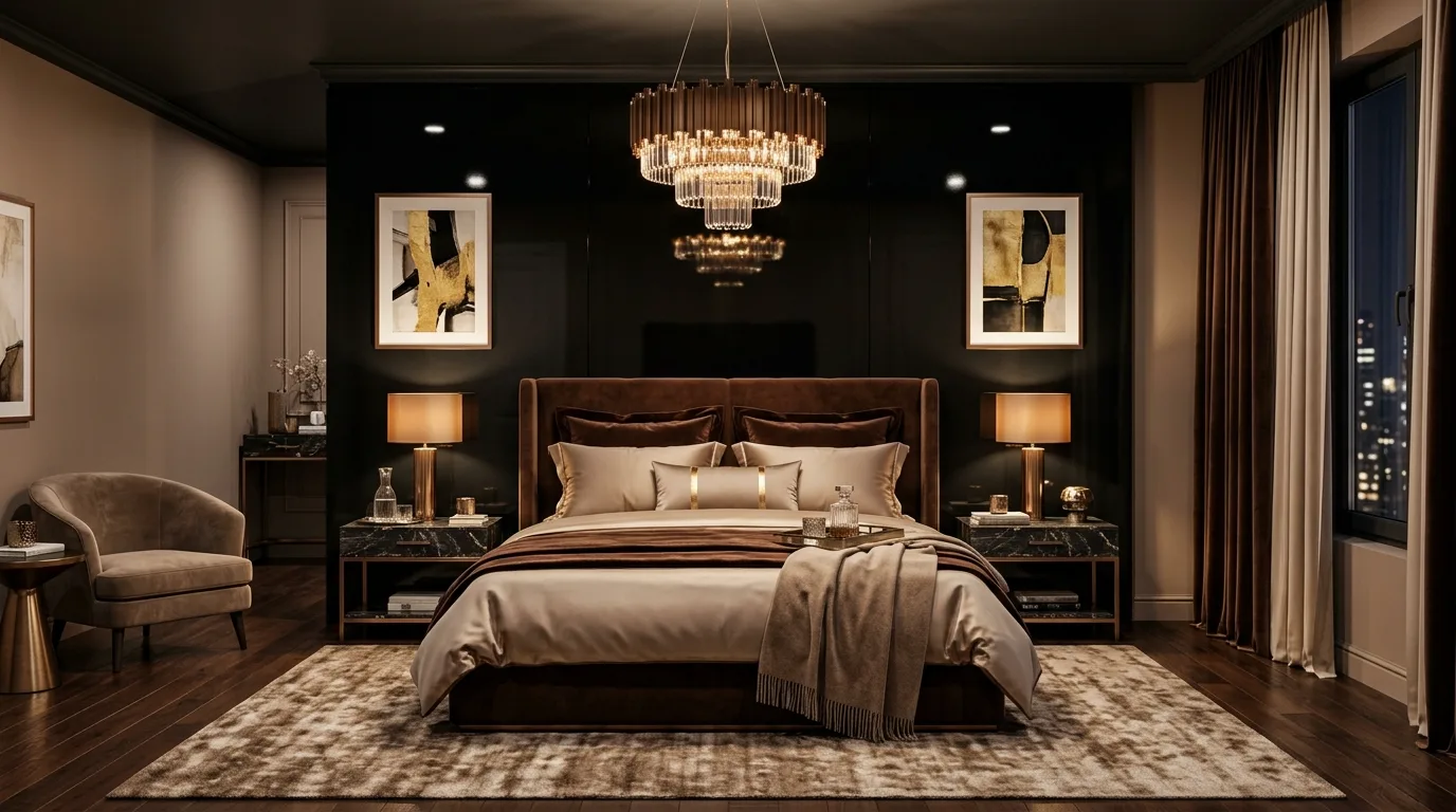 Black bed frame with warm brown throws in a rich cozy bedroom.