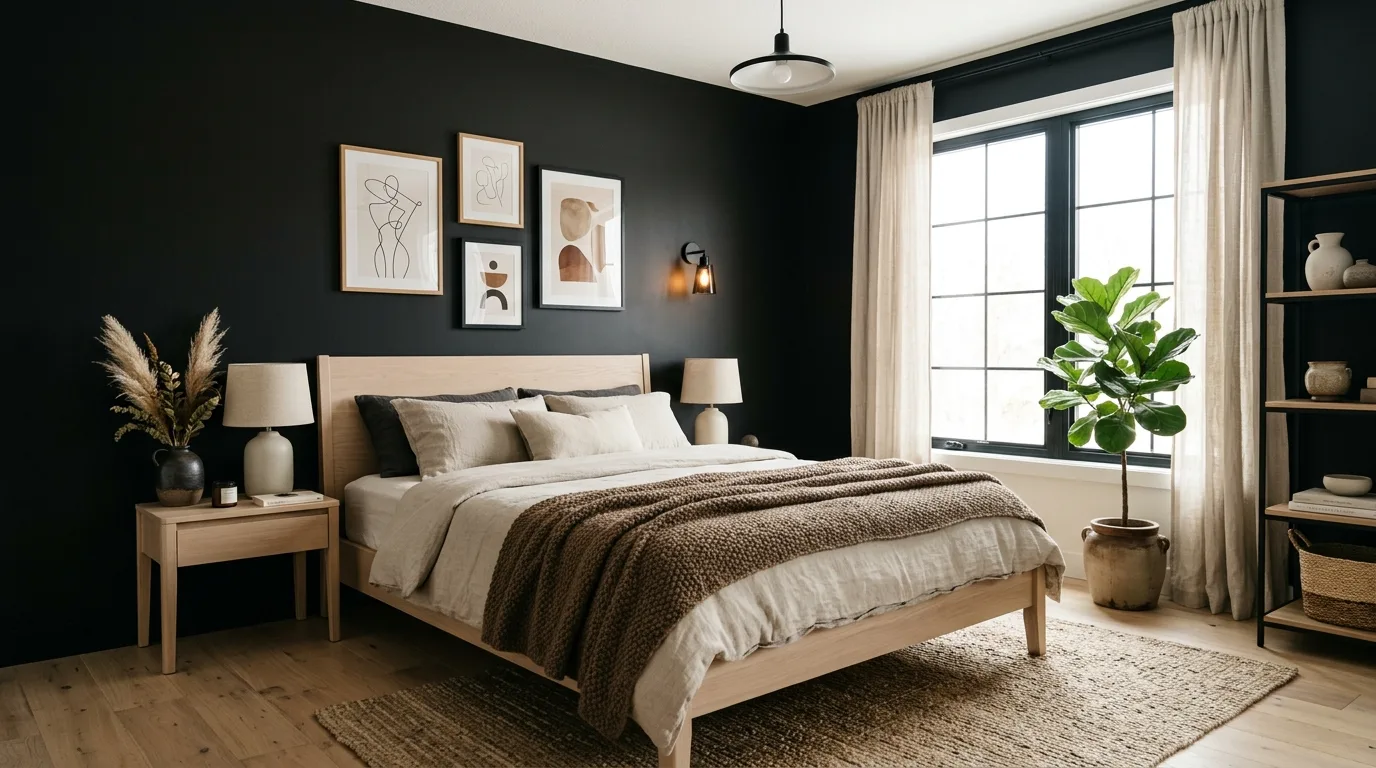 Black and brown bedroom with brass accent light and layered warmth.