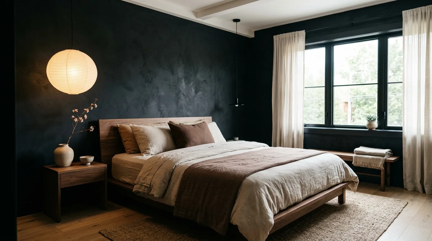 Brown upholstery against black walls in a warm grounded bedroom.