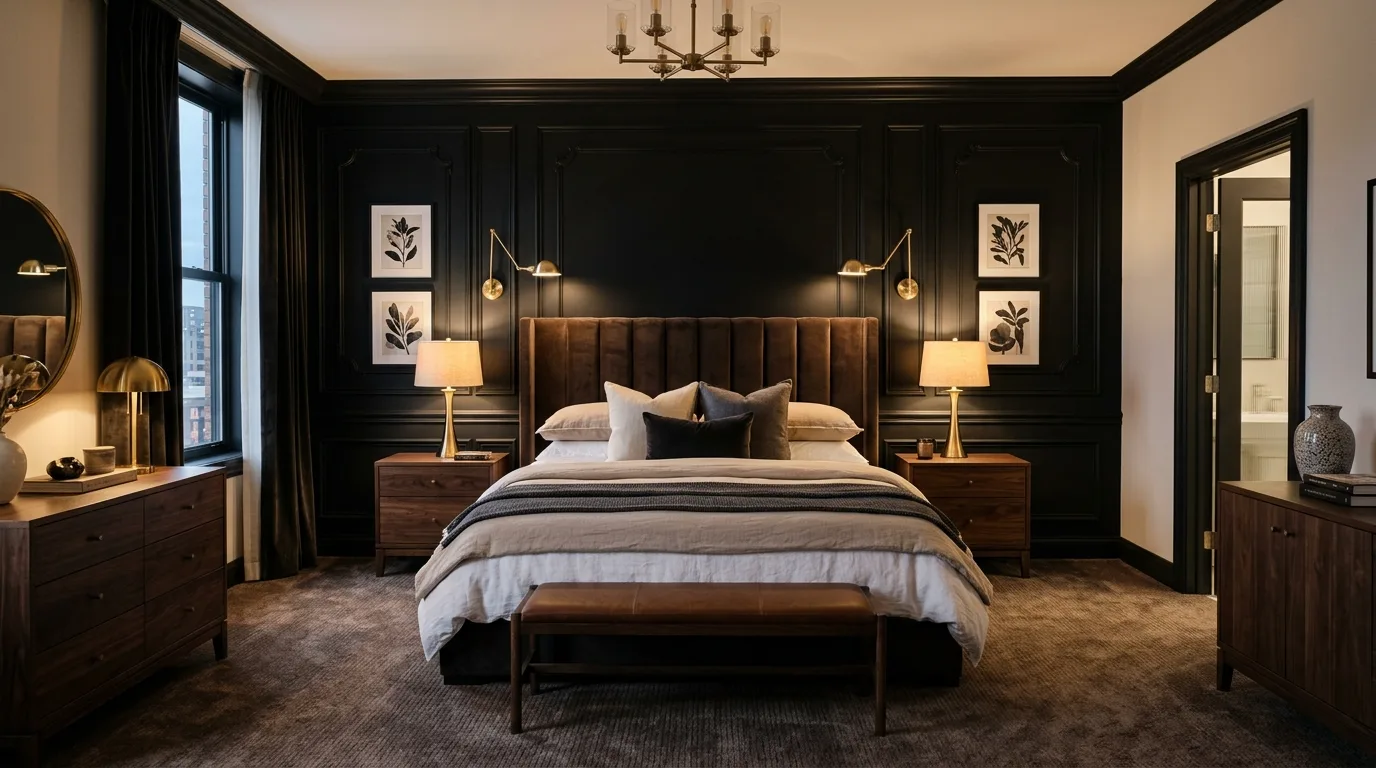 Black and brown bedroom softened by natural linen and layered textures.