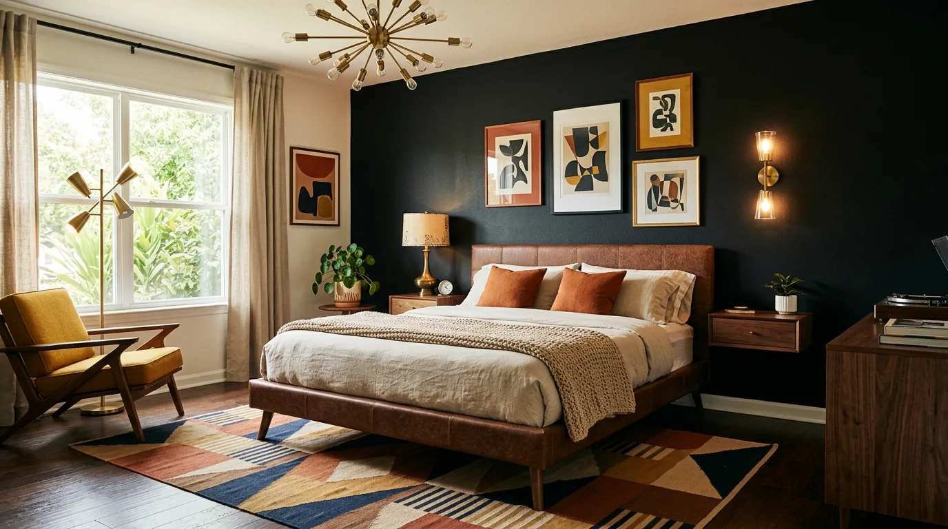 Dark wood and black in a minimal room with clean grounded styling.