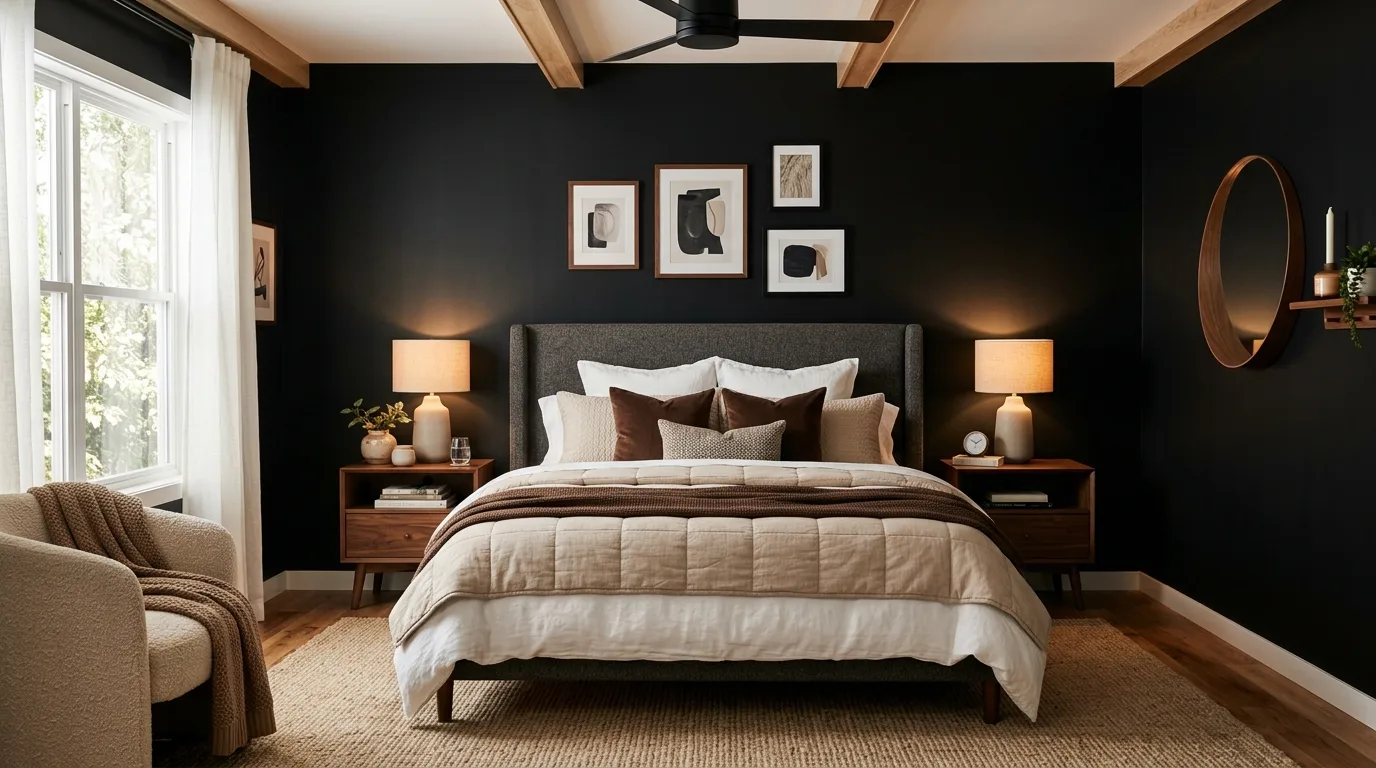 Black and brown bedroom with a warm rug underfoot and cozy layered styling.