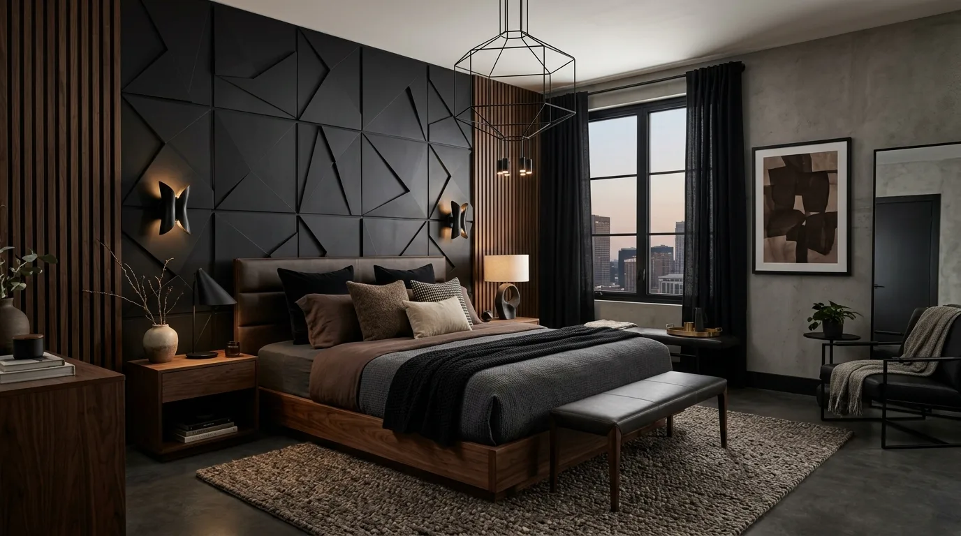 Rich black and brown bedroom with soft light and layered grounded warmth.