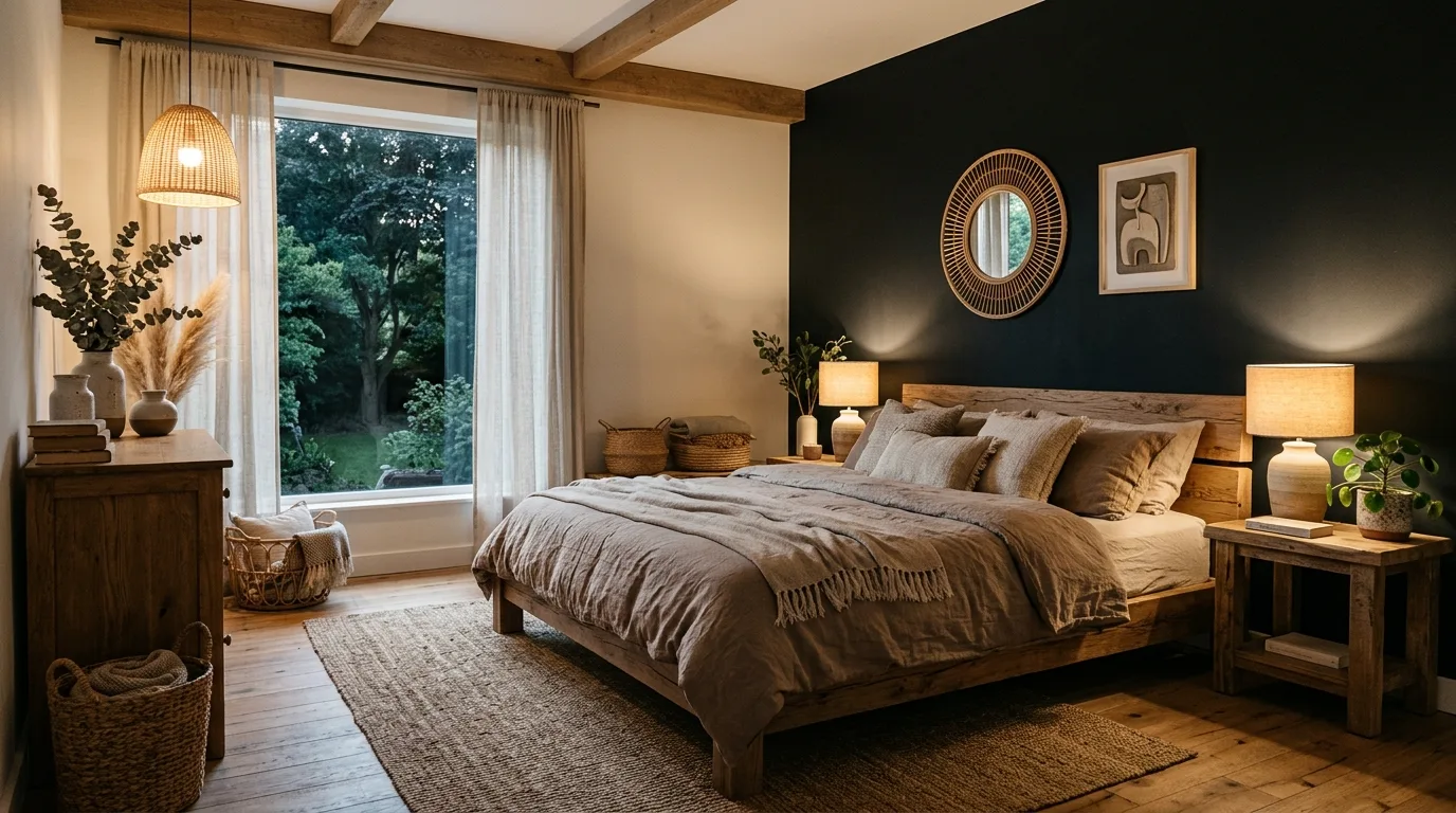 Black and brown bedroom with layered rustic notes and warm grounded character.