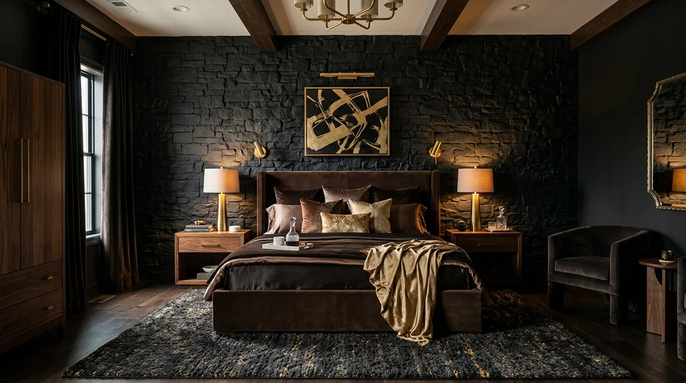 Black and brown bedroom feeling grounded rich and deeply restful.