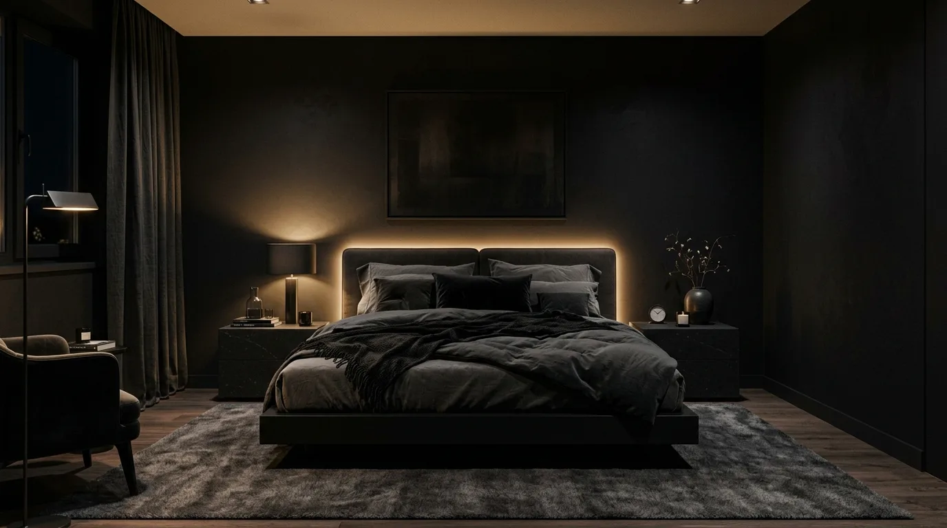 Black bedroom aesthetic with moody lighting and layered atmospheric styling.