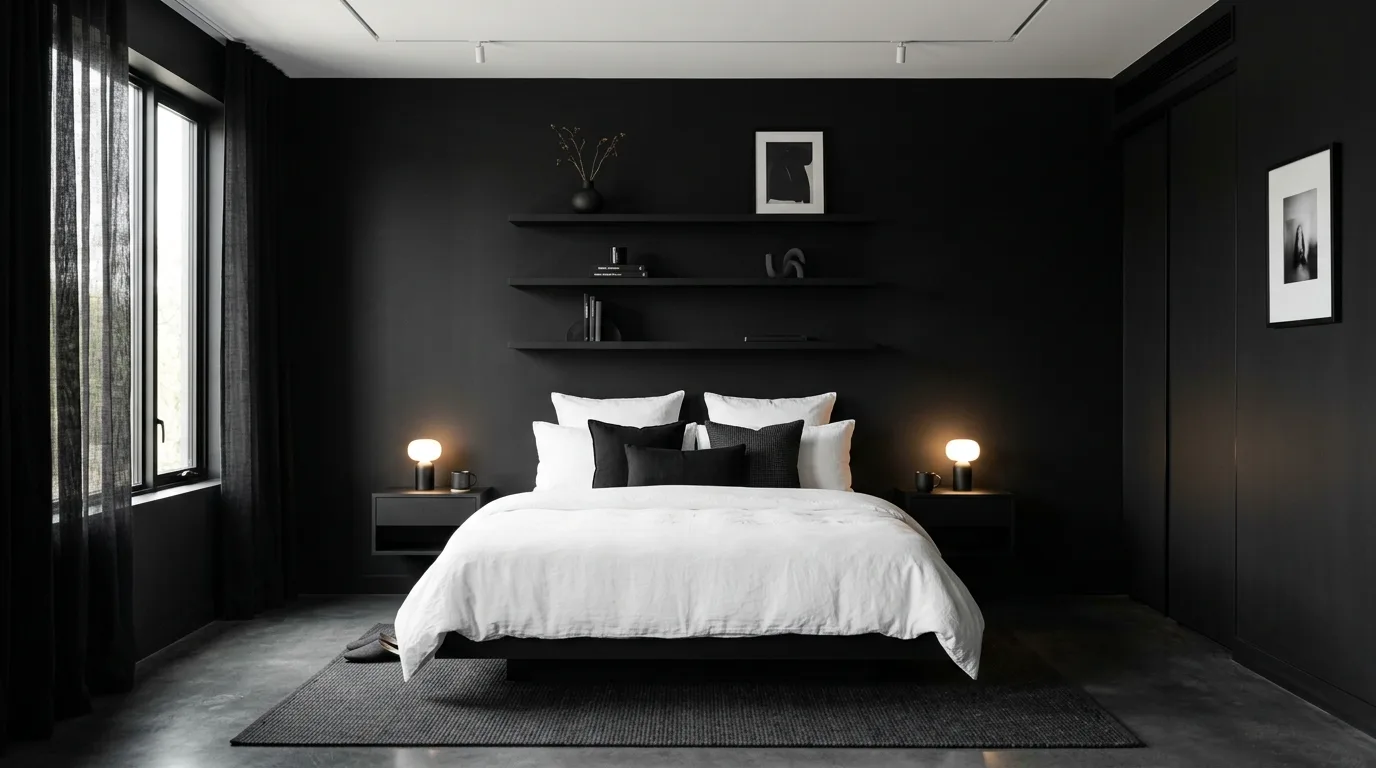 Black bedding with candle-like warm lighting in a moody aesthetic bedroom.
