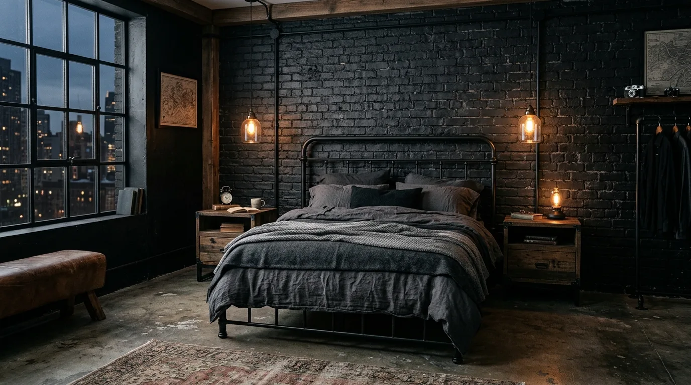 Matte black walls with soft linen texture in a moody bedroom aesthetic.