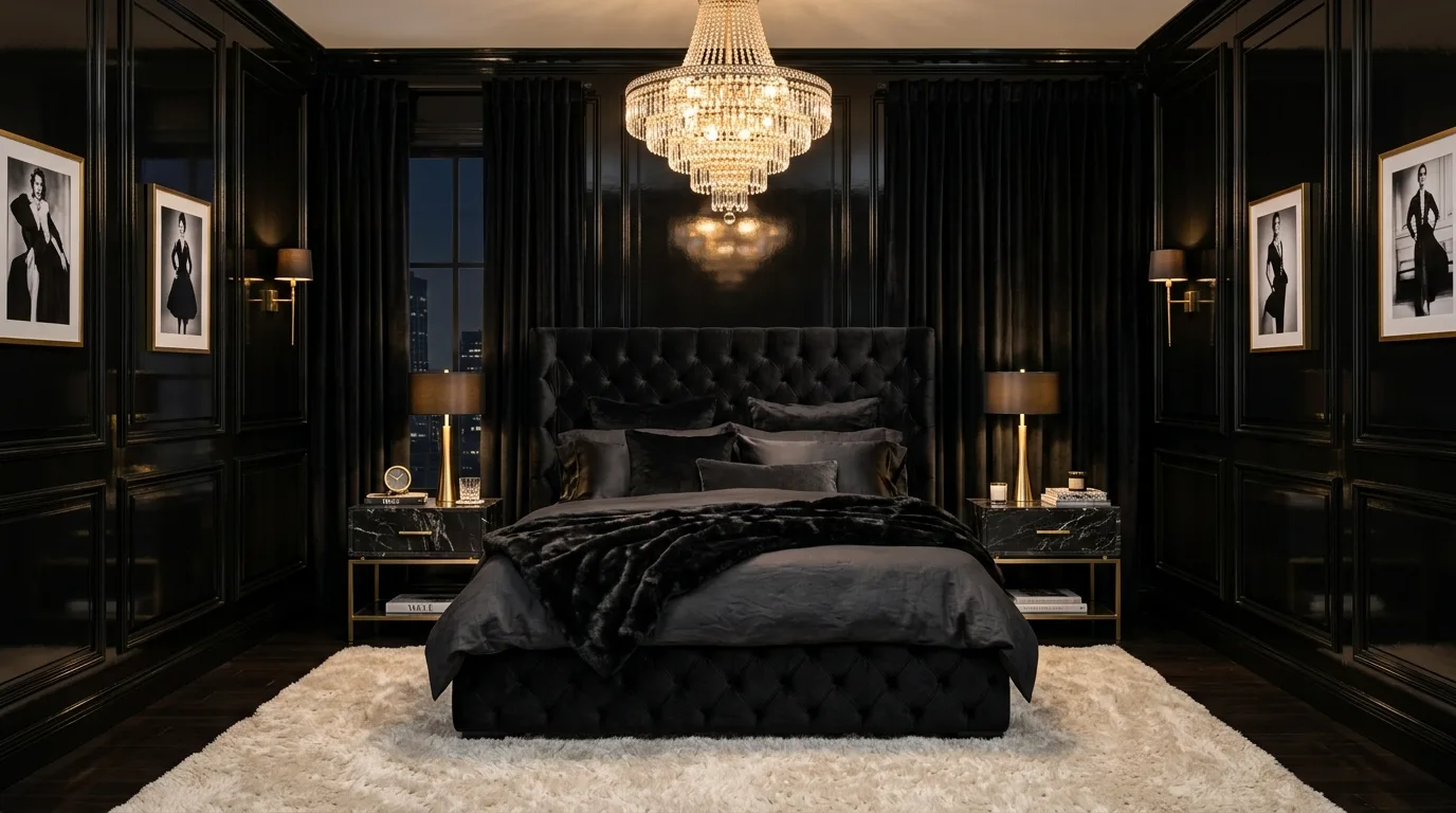 Moody black bedroom with walnut details and rich atmospheric warmth.