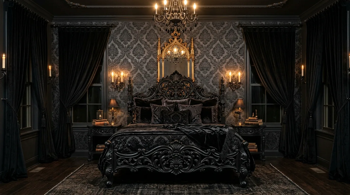 Shadowy black bedroom with a plush rug and tactile moody layers.