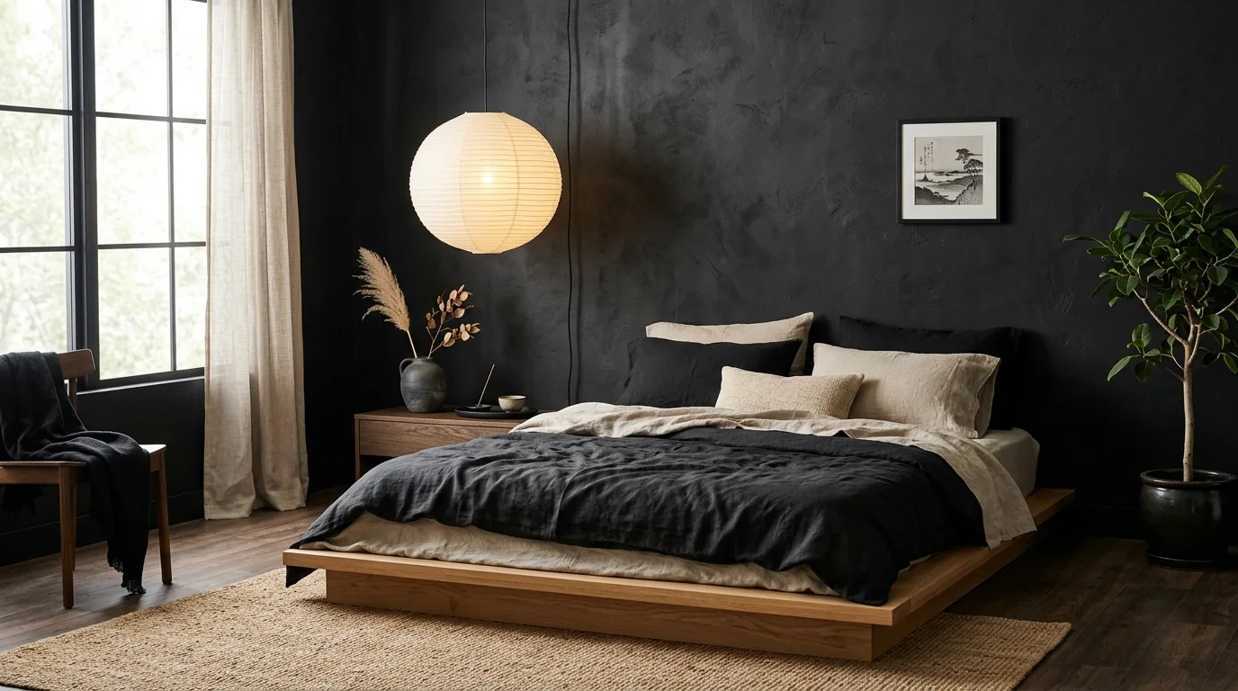 Black canopy bed creating a cinematic moody vibe in the bedroom.